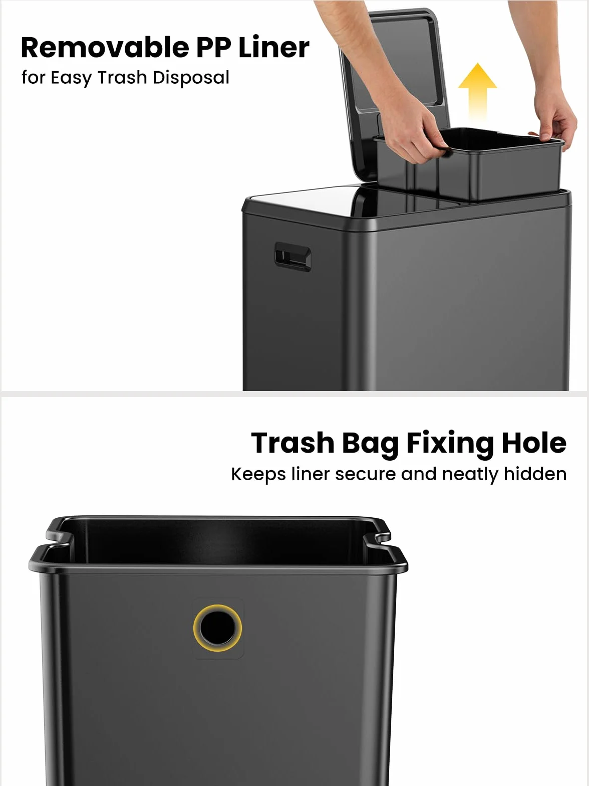 YEAUPE PRO Kosz na śmieci kuchenny 60L, 2x30L, czarny, ze stali nierdzewnej, podwójny kosz pedałowy do segregacji odpadów, pokrywa Soft Close, wyjmowane wiadra, 15 worków
