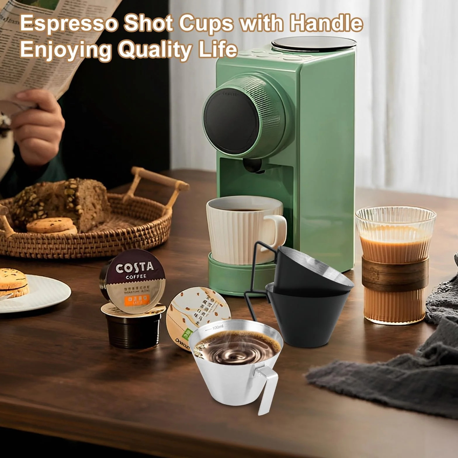 2 sztuki filiżanek do espresso z uchwytem, szklana szklanka pomiarowa ze stali nierdzewnej z podwójnym odpływem i skalą, szklanki do espresso, akcesoria do espresso, filiżanki do kawy z V-odpływem na