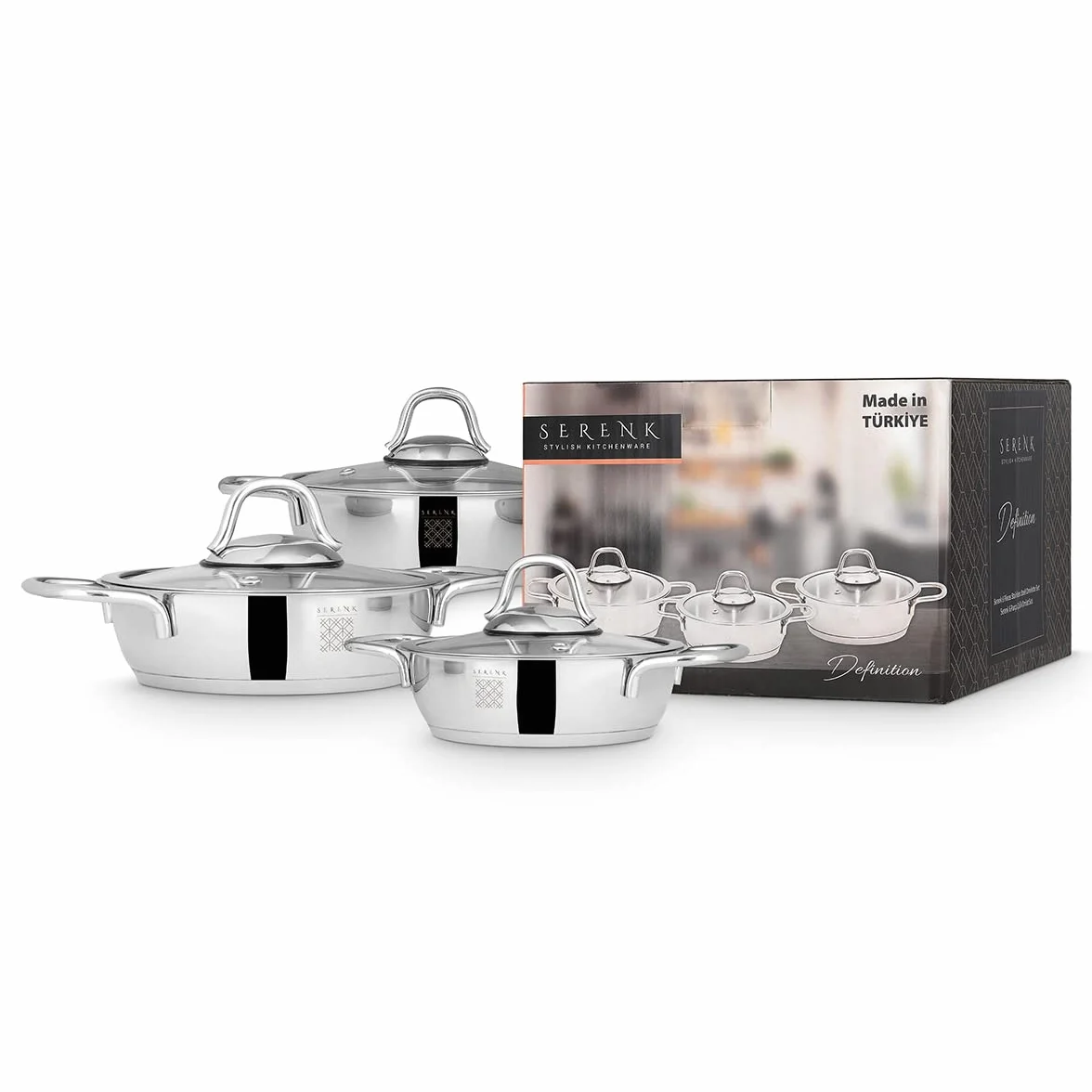 SERENK Bateria kuchenna Indukcja 6 sztuk | 3 rondele + 3 szklane pokrywy | Ø14cm, Ø16cm, Ø18cm | Zestaw garnków ze stali nierdzewnej