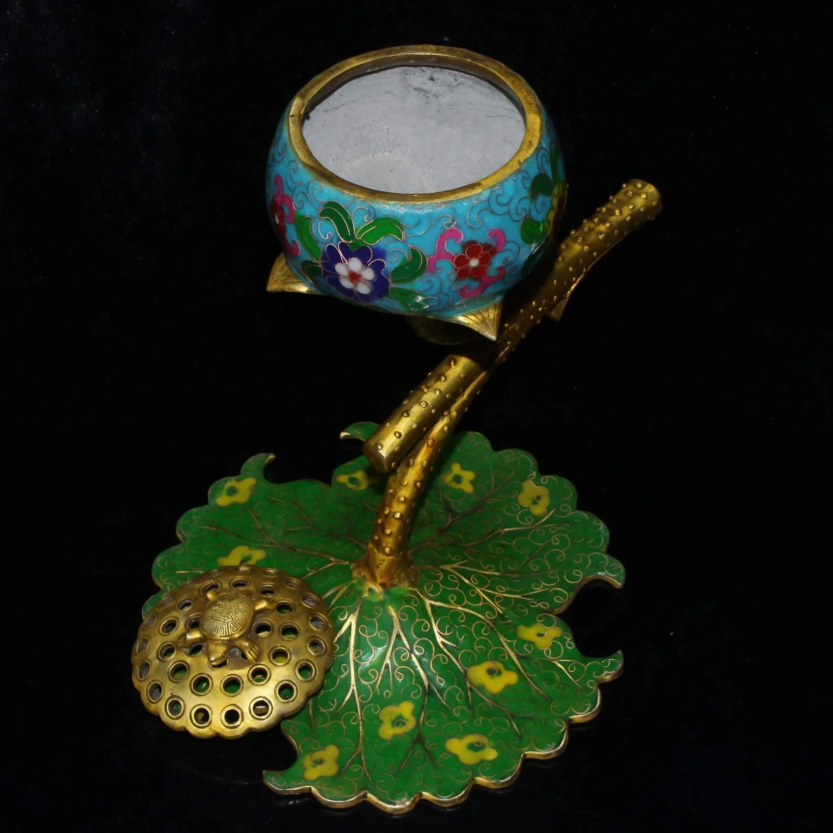 Antyczna opona miedziana, filigran Cloisonne, kadzielnica z liści lotosu, ozdoby, artykuły gospodarstwa domowego, przedmioty kolekcjonerskie