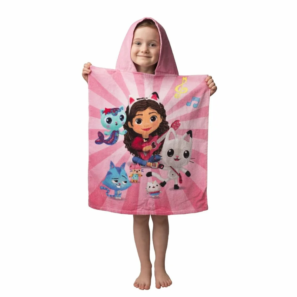 Jerry Fabrics Gabby's domek dla lalek, plażowy ręcznik kąpielowy z kapturem, ponczo dla dzieci, 100% bawełna, 115 x 50 cm, panda łapa, Mercat, ciasto, kot, wróżka, prezent dla dziewcząt, chłopców,