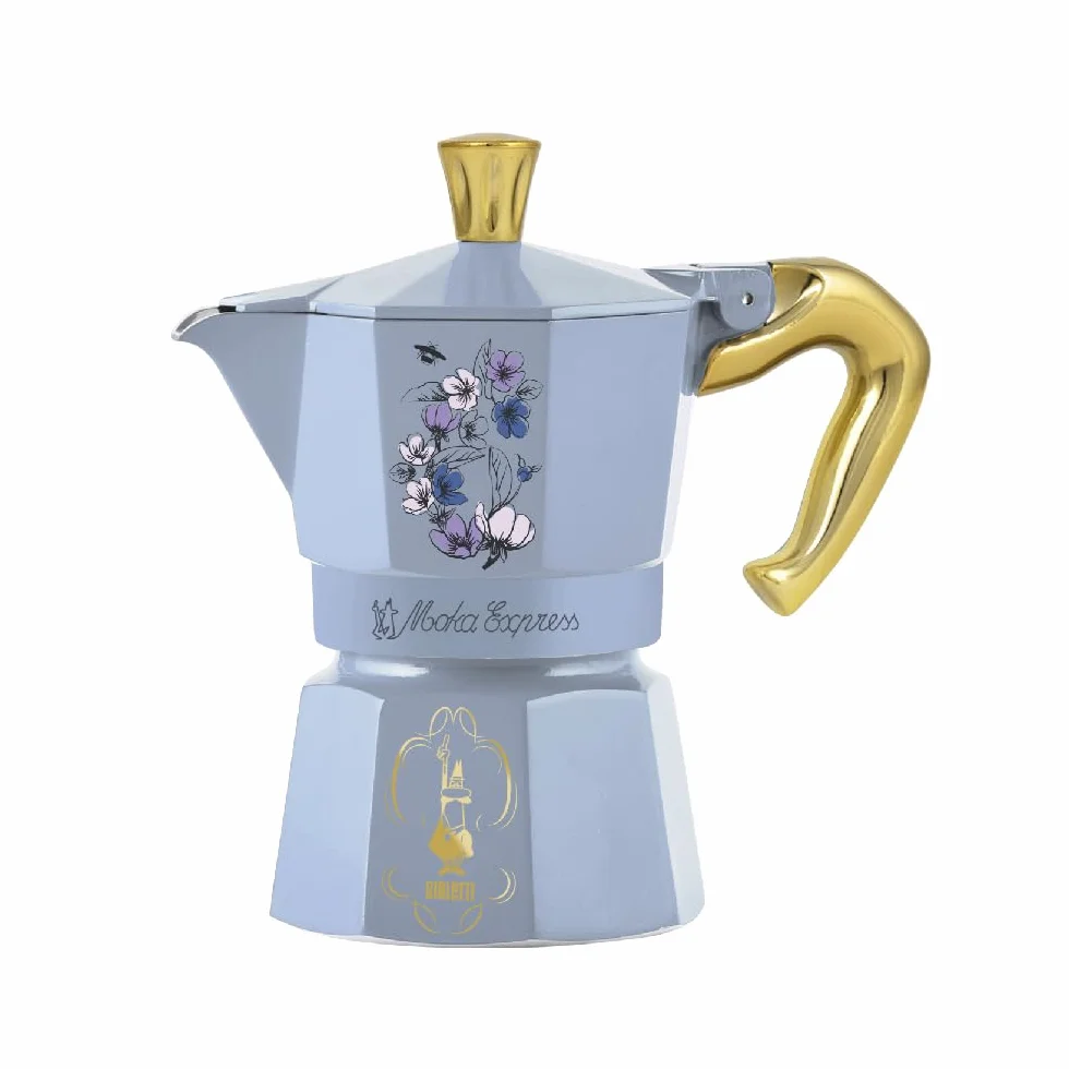 Bialetti Moka Express Bridgerton 3 filiżanki, uchwyt zapobiegający oparzeniom, nie nadaje się do płyt indukcyjnych, 3 kubki (130 ml), aluminium