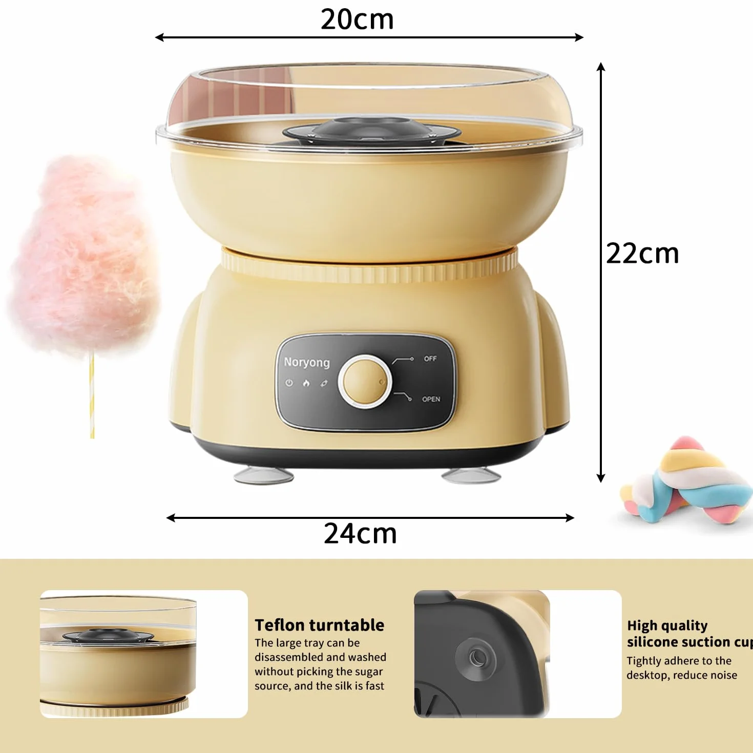 Maszyna do waty cukrowej, zestaw do Twojego domu, z 10 pałeczkami z waty cukrowej i miarką – wysokość 22 cm, 500 W, duża miska, ochrona przed pryskaniem, Cotton Candy Machine