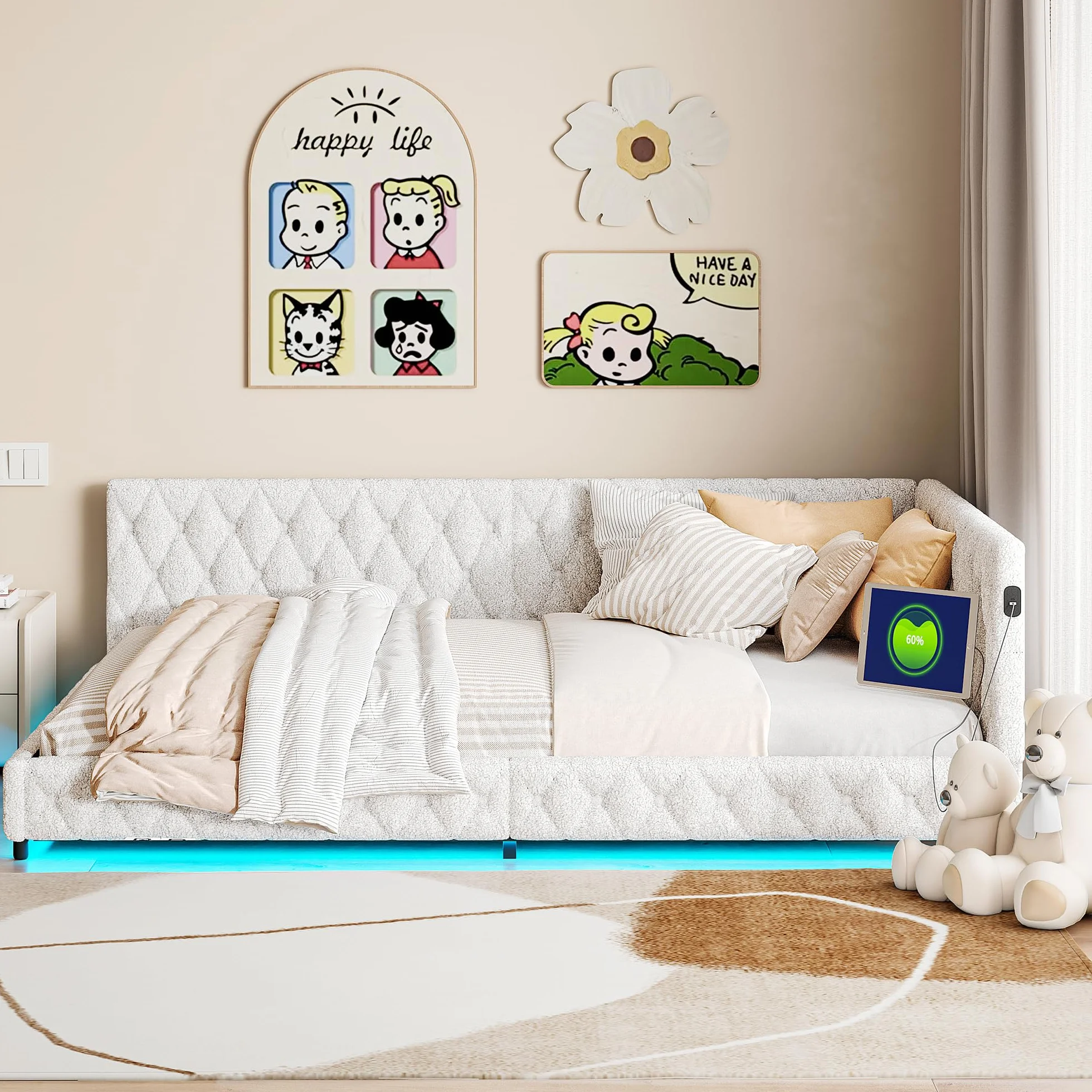 BRILVERDE Łóżko tapicerowane 140 x 200 cm, z diodami LED i USB, łóżko dziecięce, sofa ze stelażem, łóżko podwójne, dla dzieci i młodzieży, wełna jagnięca, bez materaca (białe, 140 x 200 cm)