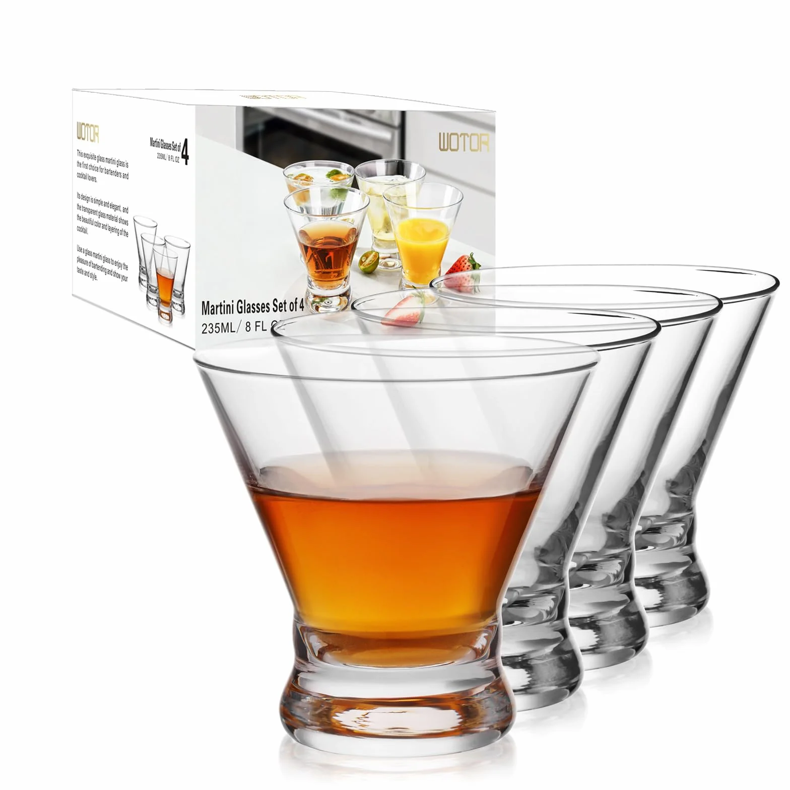 WOTOR Zestaw 4 kieliszków do martini, 240 ml, fantazyjne nowoczesne kubki do martini, do baru, krótkie i małe kieliszki do margarity