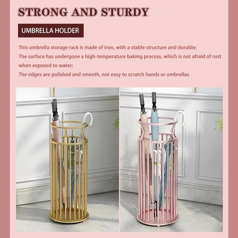 stojak na parasole, Duże, okrągłe, proste, puste wiadro na parasol, oszczędność miejsca(Pink Gold)
