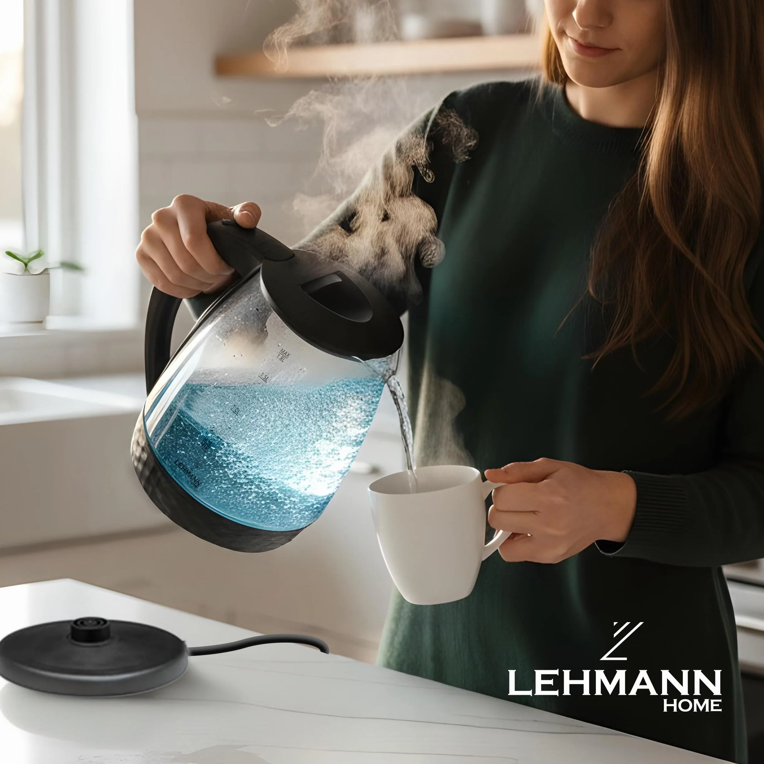 Lehmann LHOEK-2220C Czajnik elektryczny szklany 2l, czajnik elektryczny z podświetlanym zbiornikiem o mocy 2200W, bezprzewodowy ze zdobioną podstawą