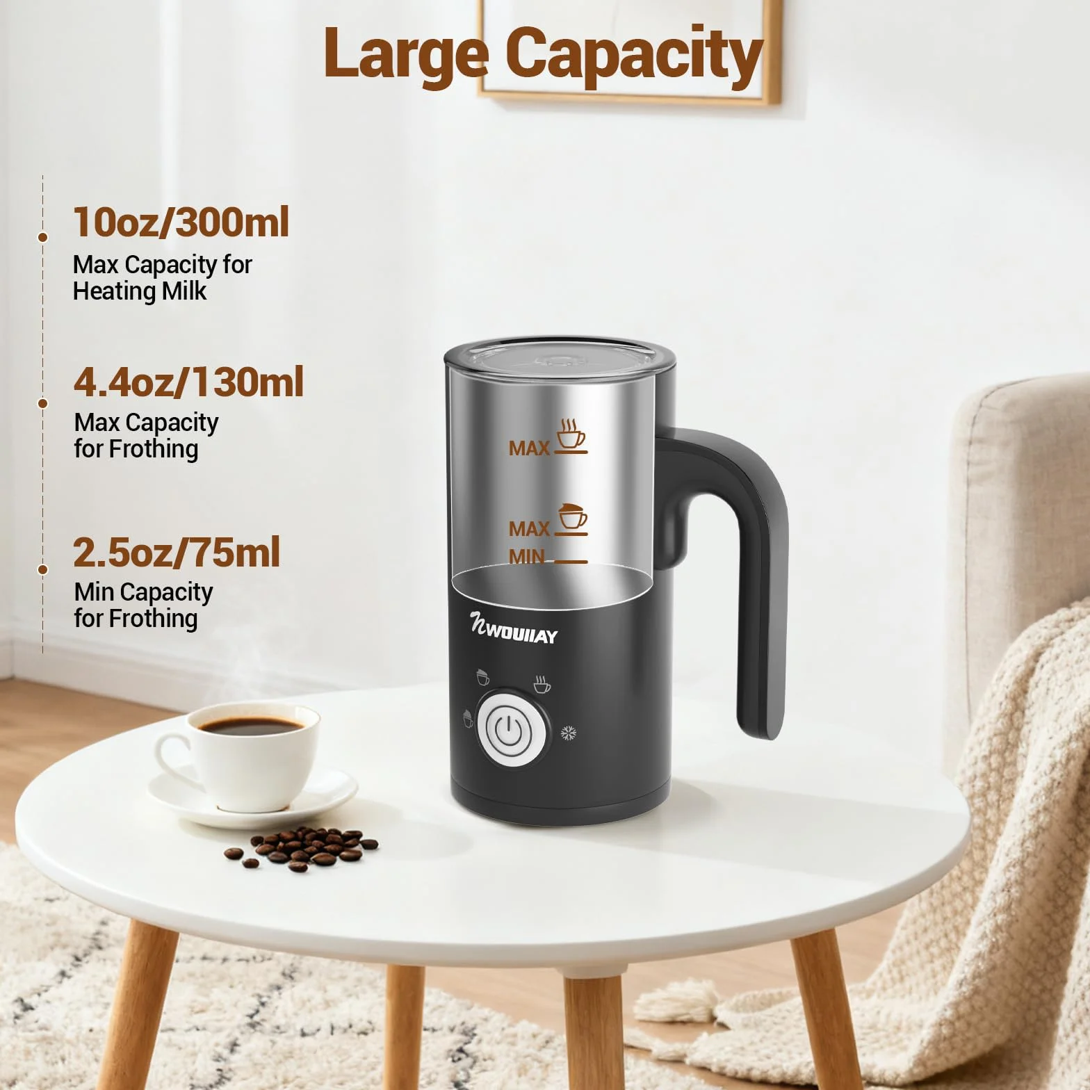 4-w-1 Elektryczny spieniacz do mleka 600W Automatyczny spieniacz do mleka o pojemności 300 ml do gorącej i zimnej pianki mlecznej, latte, cappuccino