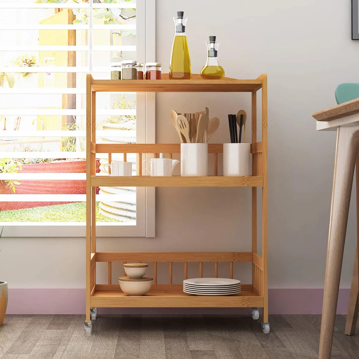 sogesfurniture KS-ZC05-BH Bambusowy wózek do serwowania do kuchni, 3-poziomowa półka do przechowywania, wózek do serwowania na kółkach, do restauracji