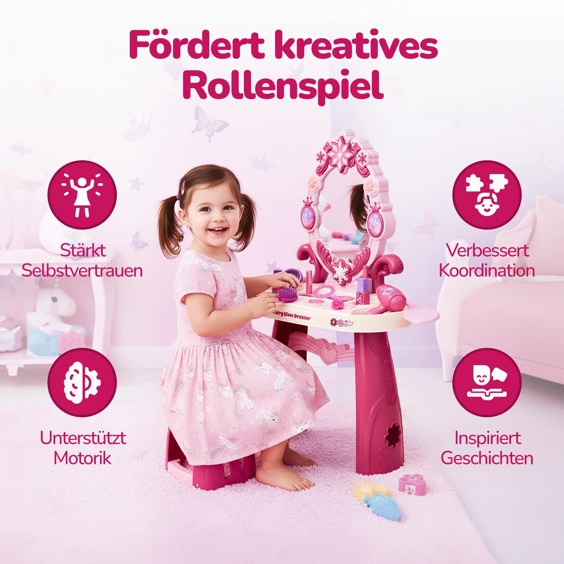 Kinderplay Fairy Glow Dresser toaletka dla dzieci z oświetleniem i dźwiękiem – zabawka dla dziewczynek od 3 lat – zestaw do makijażu dla dzieci z lustrem i 32 akcesoriami
