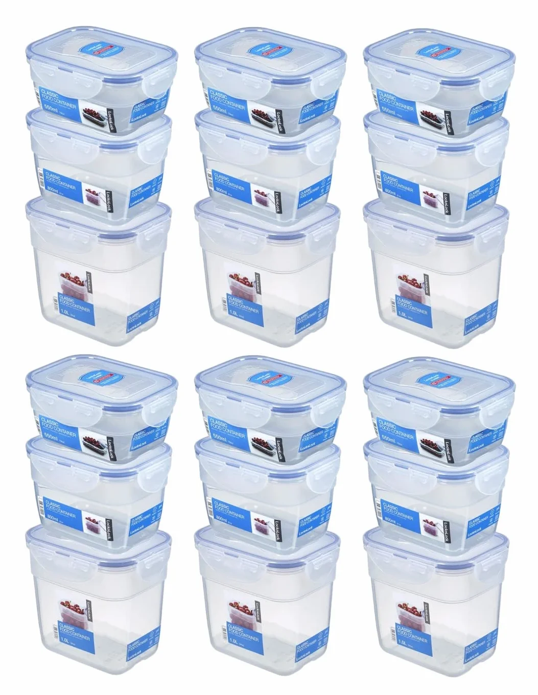 Lock&Lock zestaw pojemników na żywność, 18-częściowy zestaw pokrywek (6 x 550 ml, 6 x 800 ml, 6 x pudełko 1 l), możliwość układania w stos, pusta w sobie i wielofunkcyjna szpachla do drewna oliwkowego