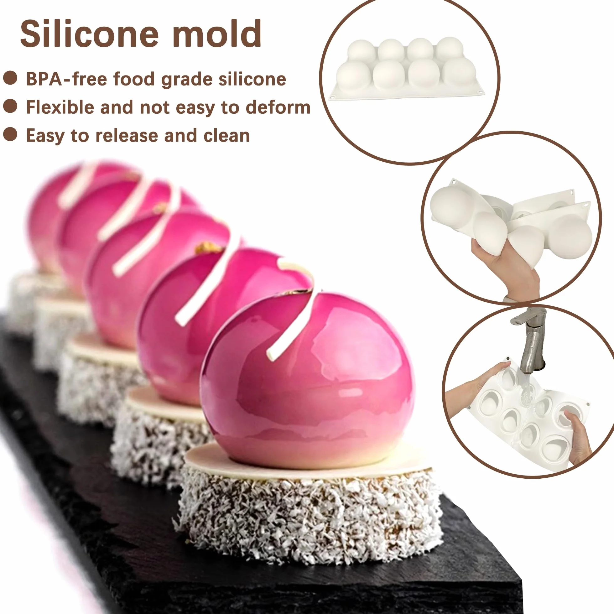 Forma silikonowa do czekolady 8 otworów 65mm kulka Dome-Mousse do pieczenia