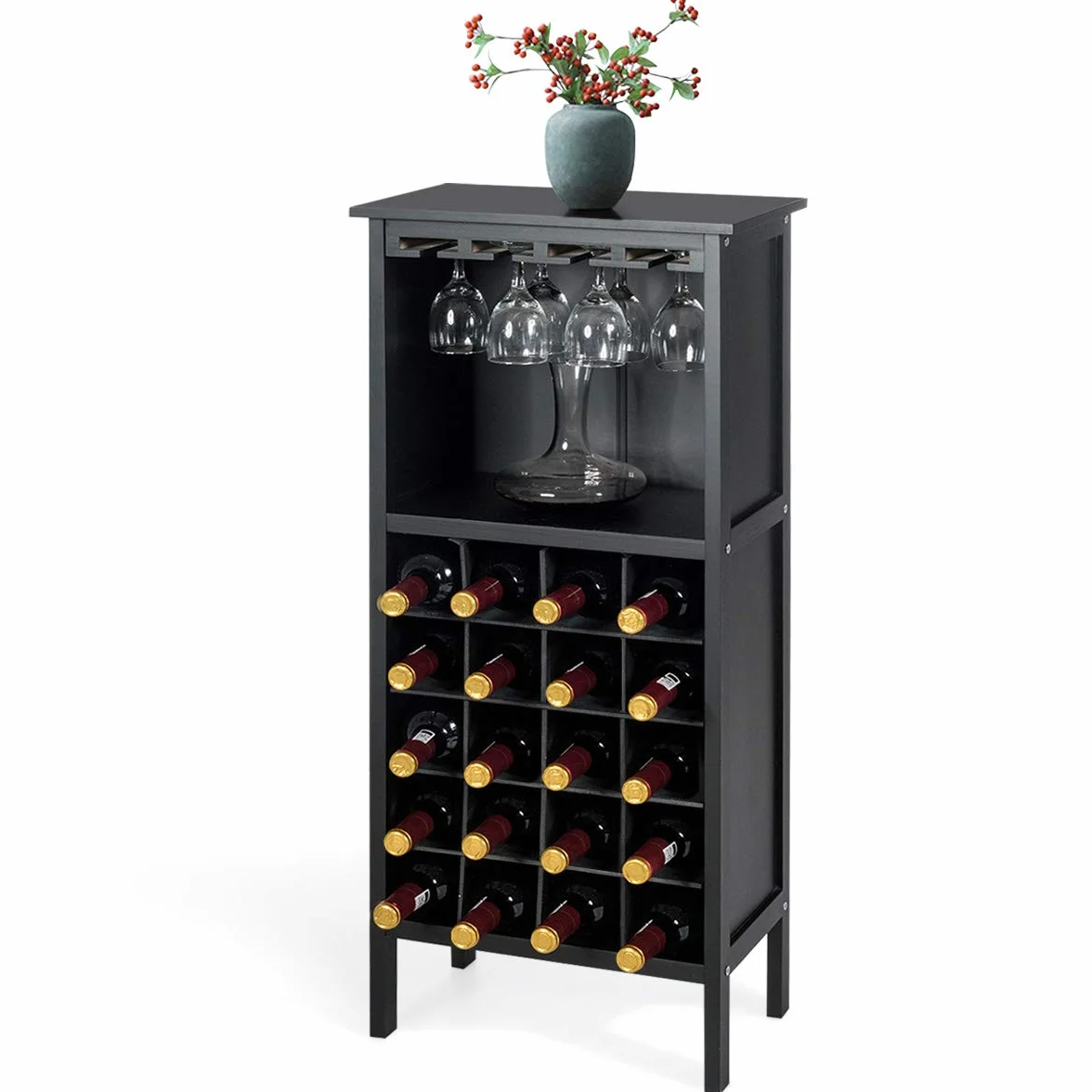 KOMFOTTEU Stojak na Wino z 20 Butelkami i 4 Rzędami Uchwytów na Kieliszki, Drewniany Regał 42 x 25 x 96 cm do Kuchni, Jadalni, Baru (Czarny)