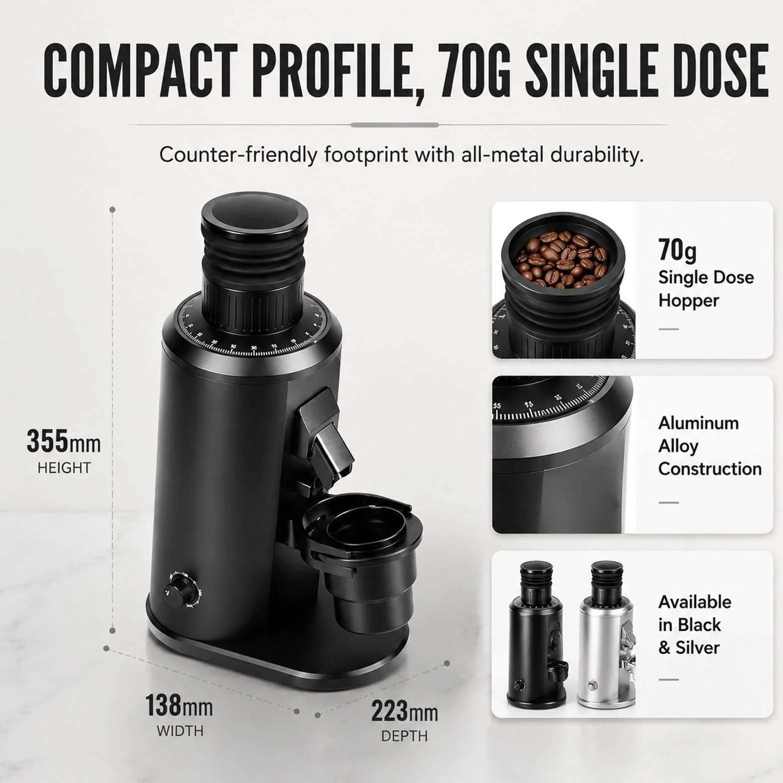 Single dose młynek burr elektryczny espresso – 80mm płaskie żarna, mikroregulacja, niska retencja, trwały, pro, dom & studio Silver