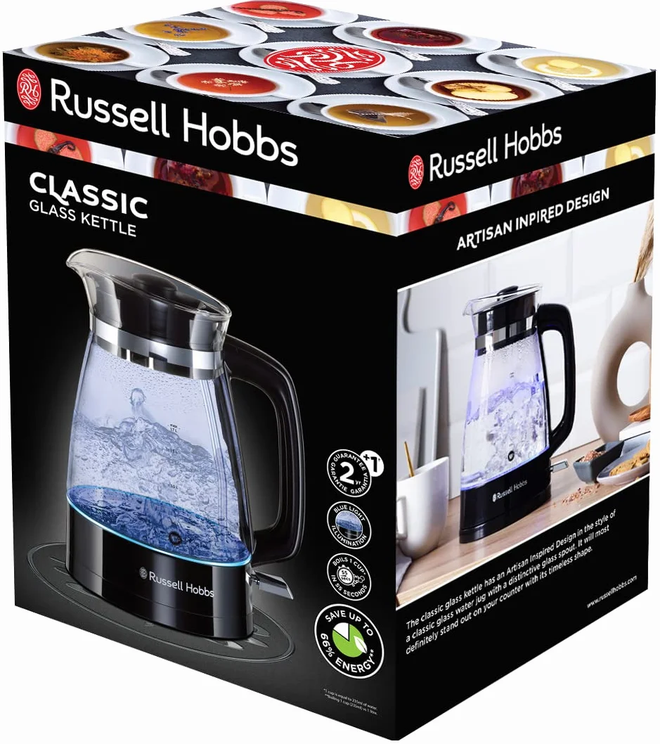 Russell Hobbs czajnik elektryczny, energooszczędny, wymienny filtr antywapienny, markery szybkiego gotowania, zdejmowana pokrywa, pojemność 1,7l, moc 2400W, szkło, czarny, Classic 26080-70