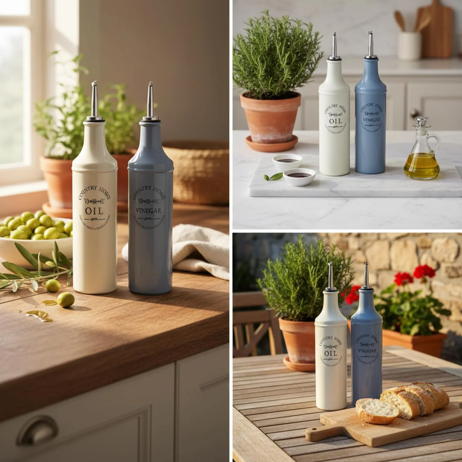 COM-FOUR® 2-czesciowy zestaw butelek na olej i ocet - kolorowe butelki szklane z dziobkiem, klapka i rurka wentylacyjna ze stali nierdzewnej - dozownik octu i oleju (2 czesci - butelki)