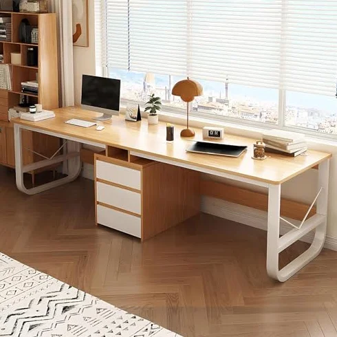 Podwójne biurko dla 2 dużych 240 cm, drewniane biurko do pisania i nauki, nowoczesne domowe biuro, stacja robocza, stylowe biurko komputerowe do gier i produktywności, szare