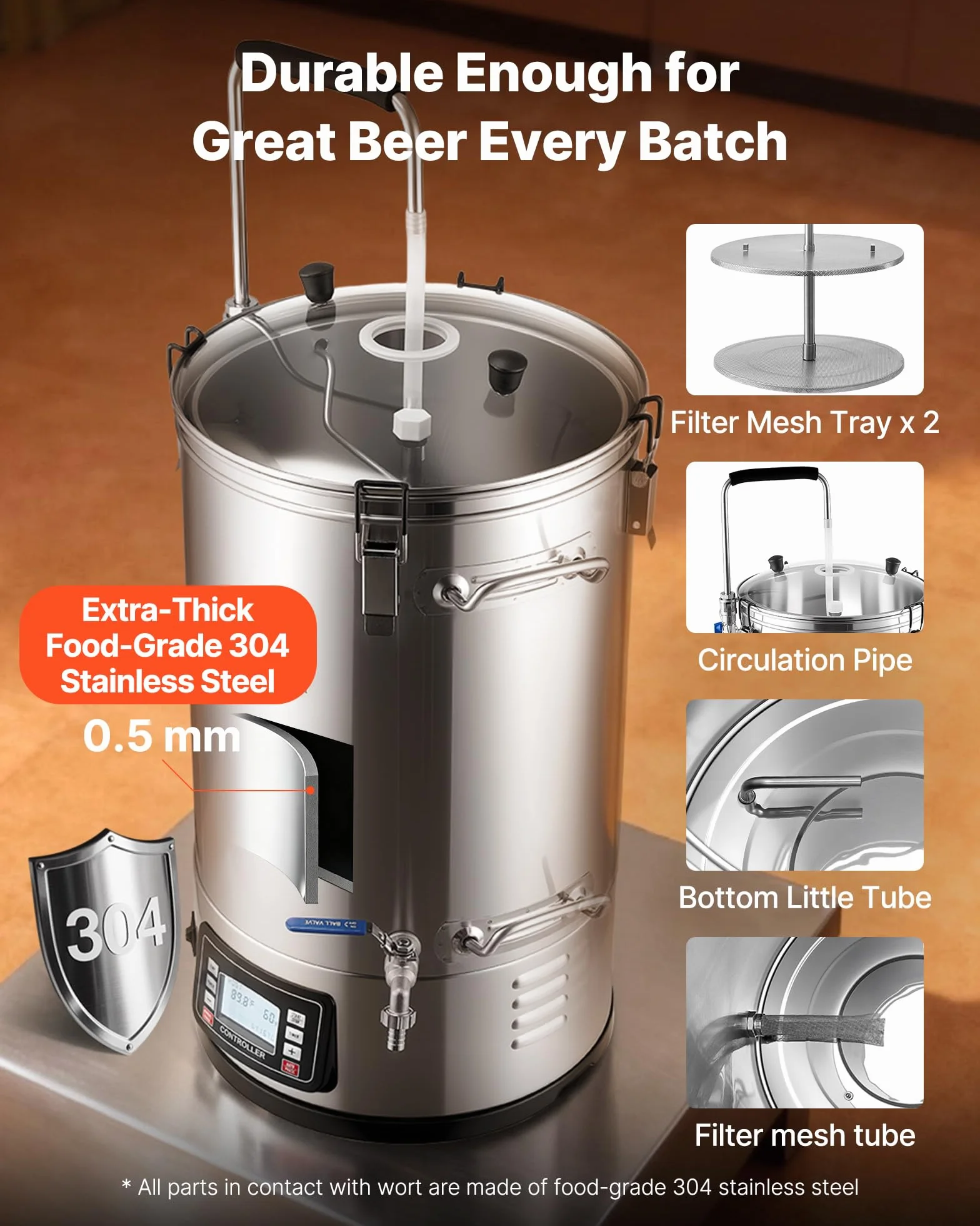 Vevor Electric Brewing System 8 Gal Home Beer Brewer Auto/Manual Garnek do Produkcji Piwa, Srebrny, 35 litrów