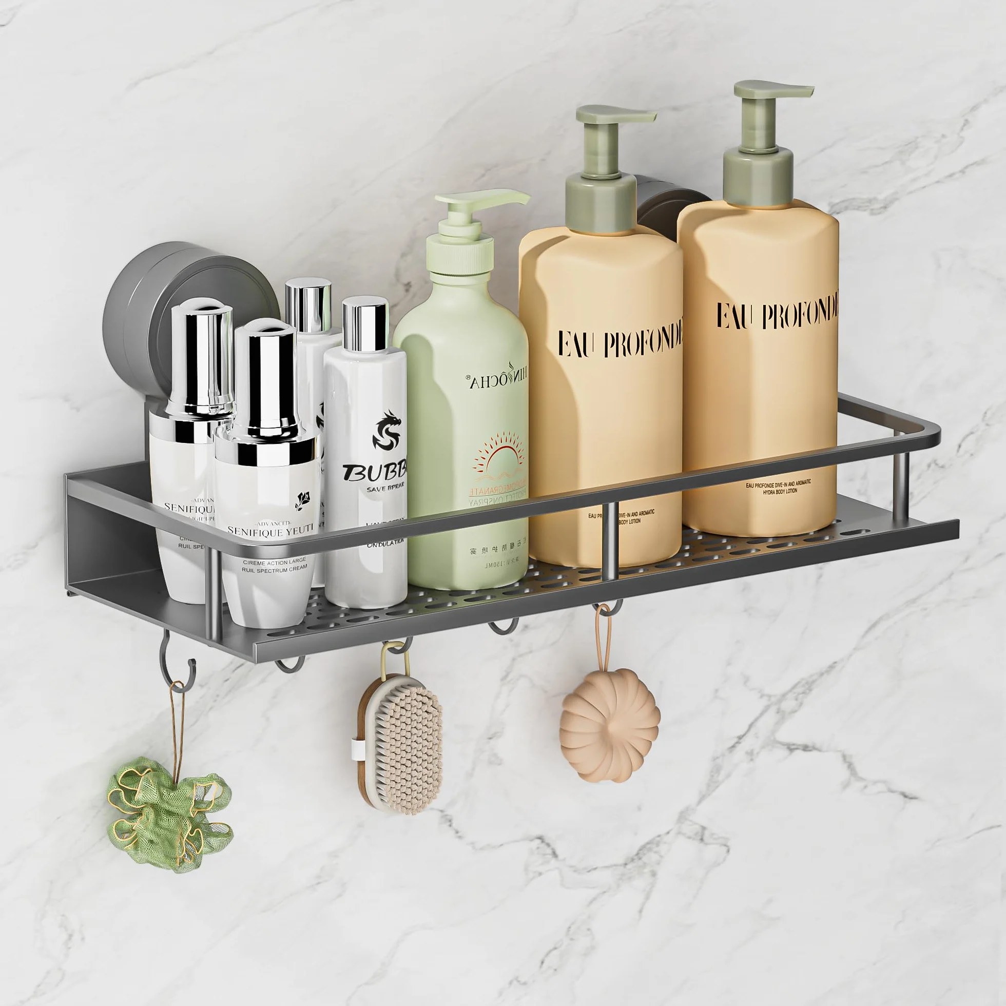 Wisfame Półka prysznicowa z przyssawką, bez wiercenia, duża pojemność, aluminiowy organizer łazienkowy z 5 haczykami, wodoszczelny/nierdzewny/trwały uchwyt na szampon, szary