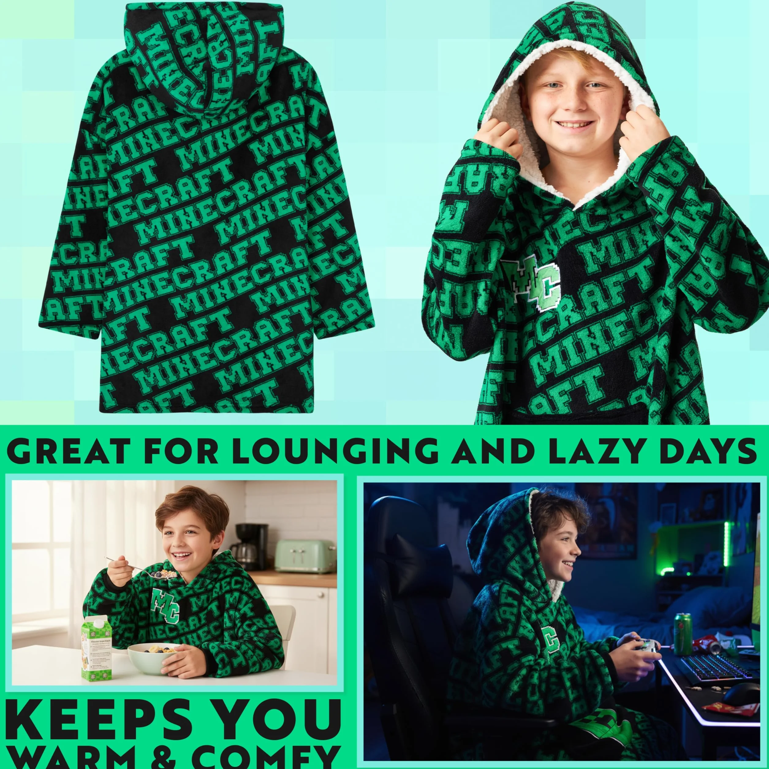 Minecraft Koc z kapturem Creeper Ponczo Polarowe dla Chłopców Zielony Czarny One Size