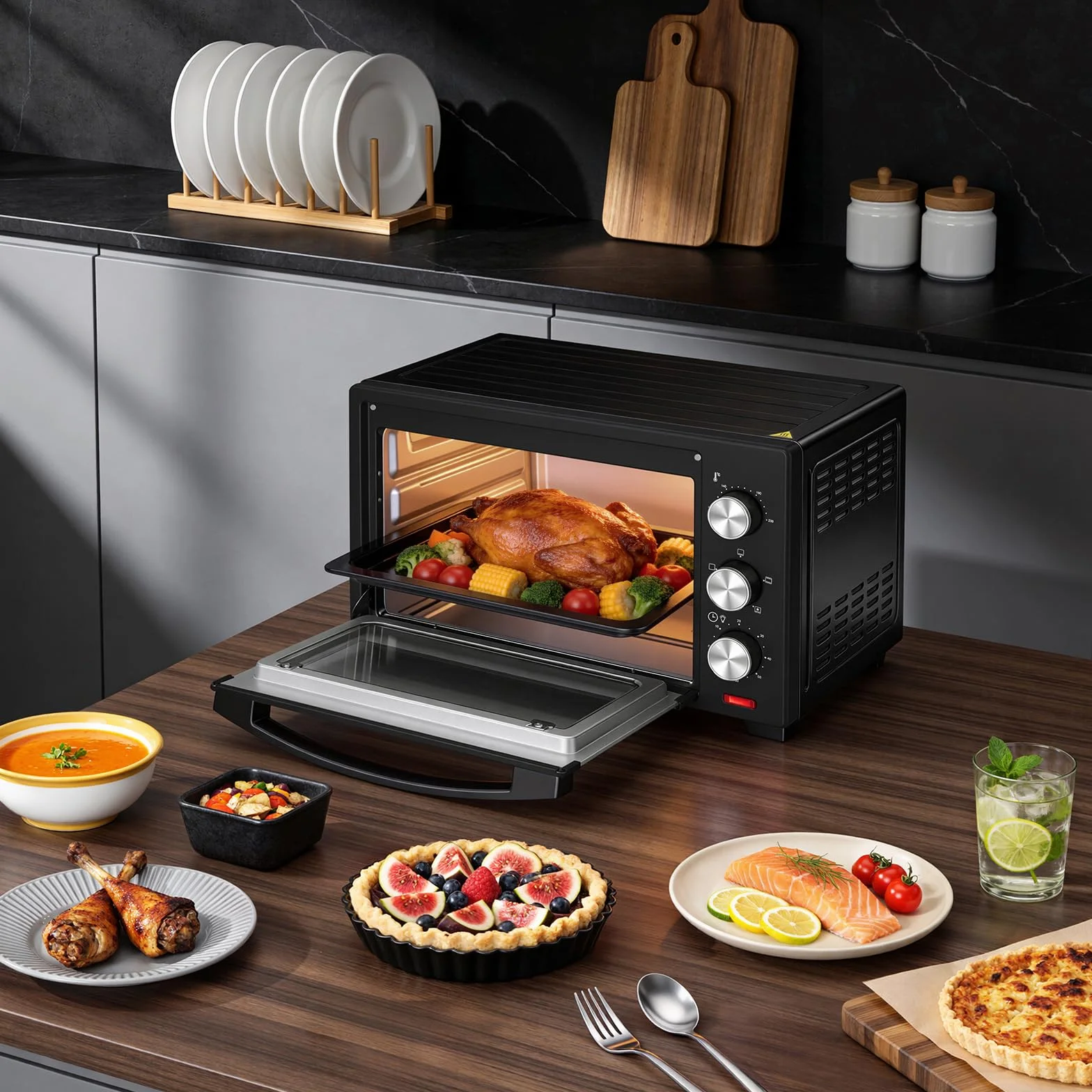 WOLTU mini piekarnik 25 litrów, piekarnik toster 1500 W | Piec do pizzy | Taca na okruchy z minipiekarnikiem z timerem do pizzy, tostów, indyka, czarnych hot-dogów