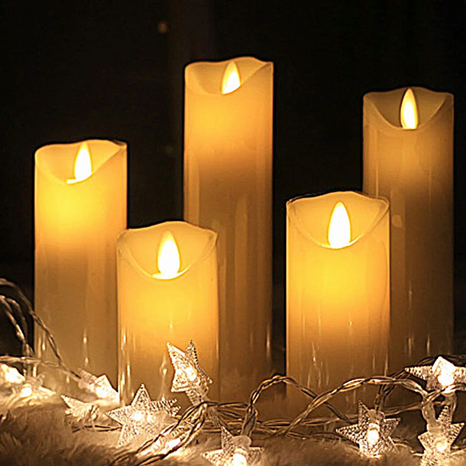Świece LED, bezpłomieniowe, dekoracyjne świece, świece z prawdziwego wosku, zestaw 5 szt. (13 cm, 14 cm, 16 cm, 18 cm, 20 cm). Świeca pieńkowa, realistycznie migoczące płomienie LED, z pilotem