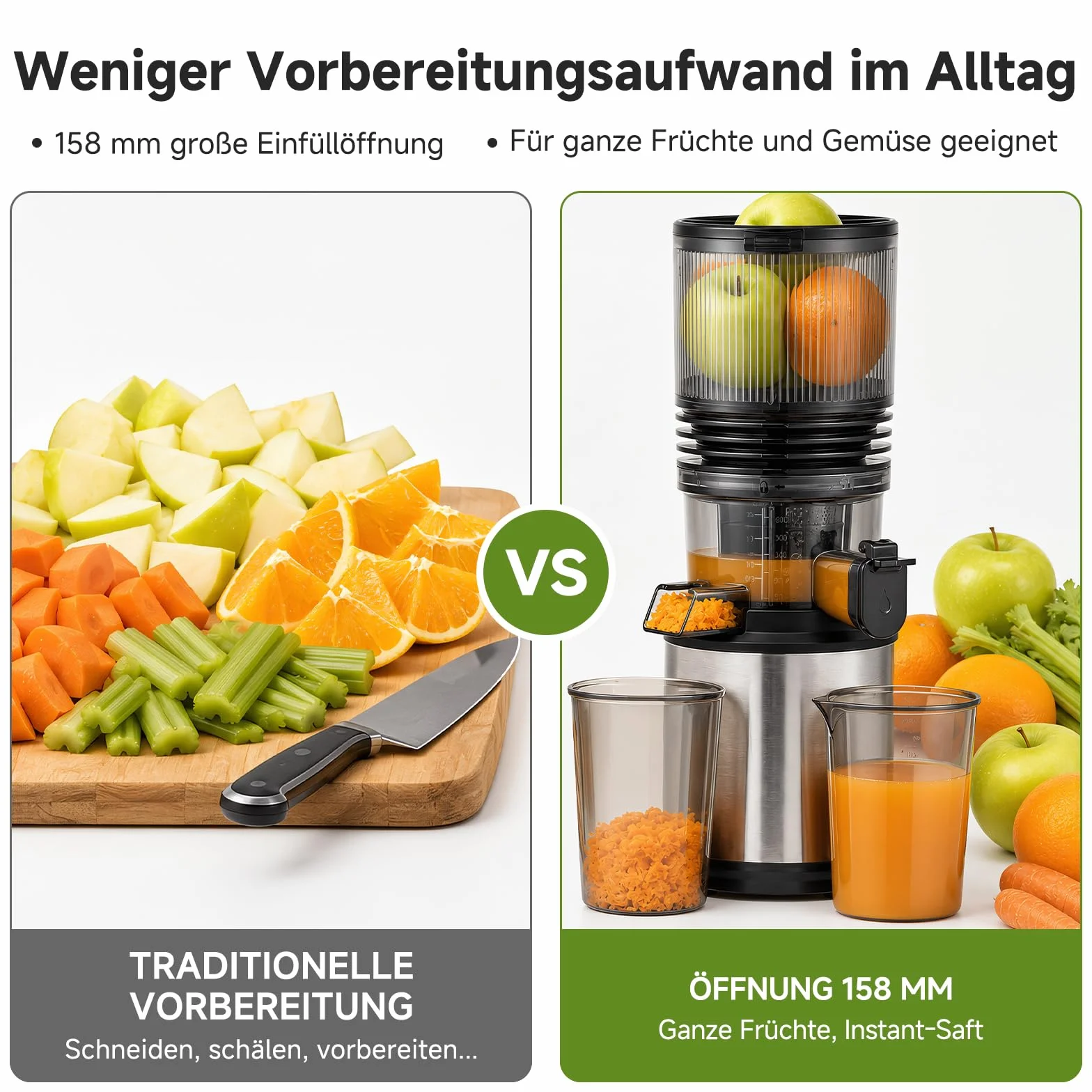 AMZCHEF Wyciskarka wolnoobrotowa do soków, szeroki otwór wsadowy 158 mm i komora na składniki 2 l do domowych soków, 55 obr./min, silnik DC 250 W do 45 dB, 3-stopniowa filtracja ze stali nierdzewnej | Do całych owoców i warzyw, łatwa do czyszczenia, zimna