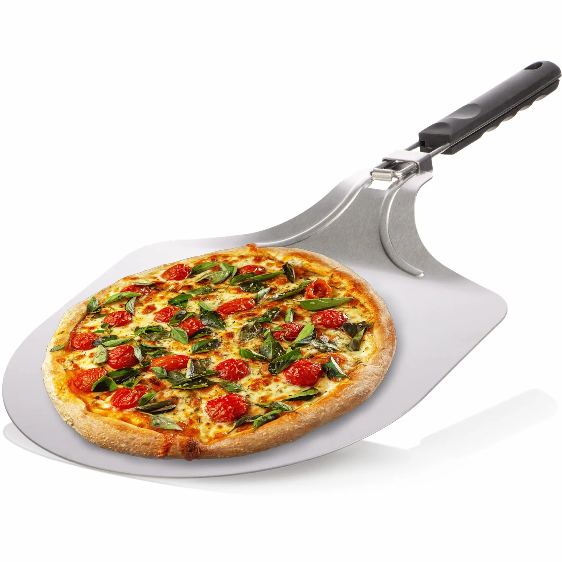 COM-FOUR® Lopata do pizzy ze stali nierdzewnej 430 - podnosnik do pizzy i ciasta ze skladanym uchwytem - lopatka do pizzy, tart, bulek, chleba (srebrny/czarny - kanciasty)