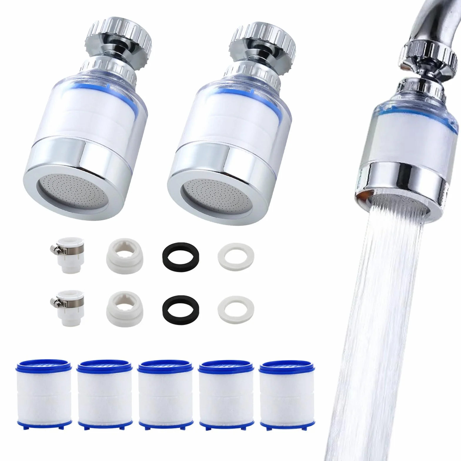 JOYOLA 2 sztuki filtrów do wody, kran, filtr do wody pitnej 360°, z 5 elementami filtrującymi z bawełny PP, do domu, kuchni, łazienki, umywalki