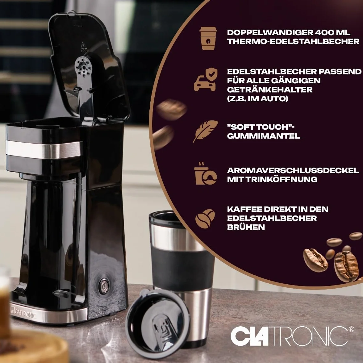 Clatronic KA 3733 ekspres do kawy z kubkiem ze stali nierdzewnej 0,4 l, 2 GB, idealny do samochodu, biura i w podróży, czarny