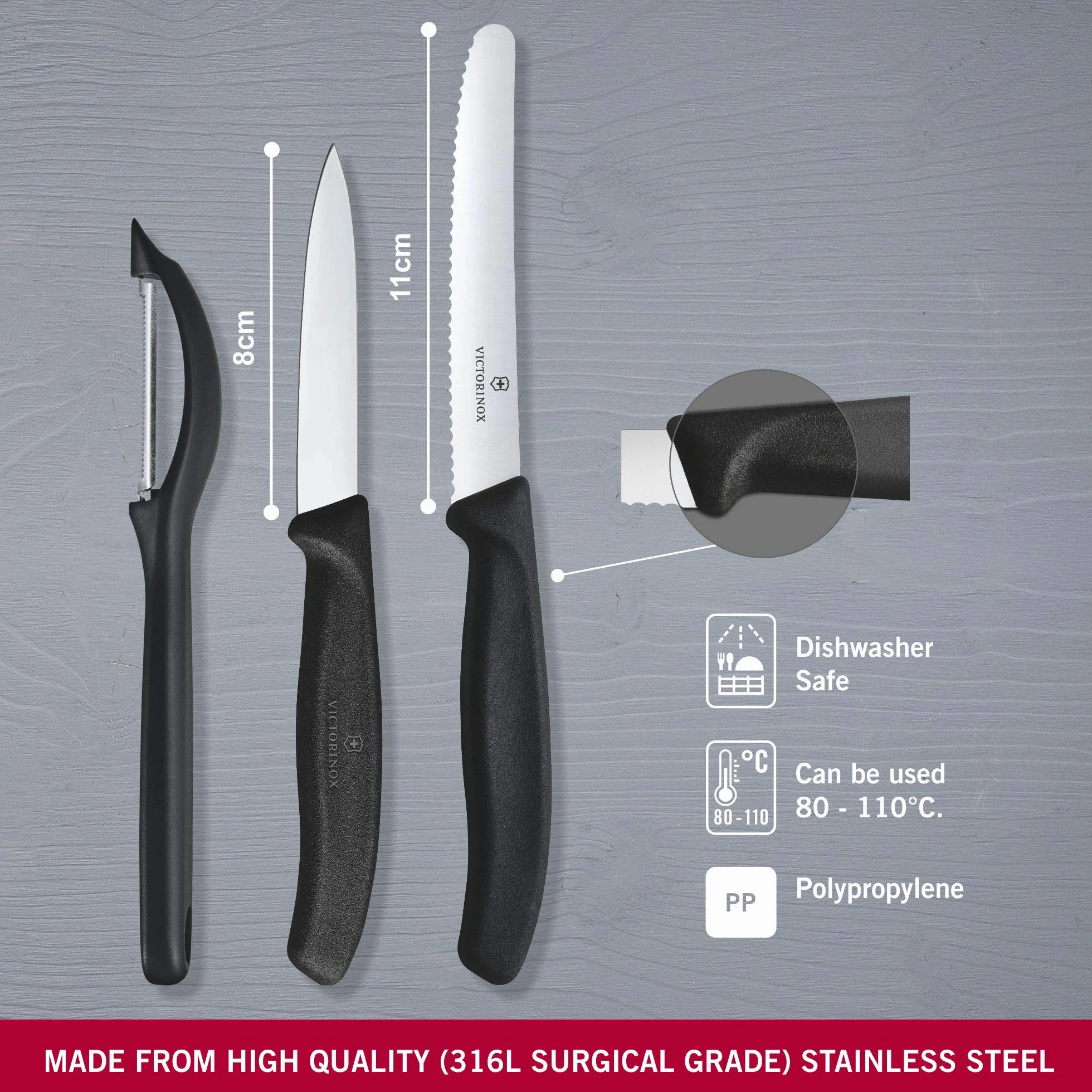 Victorinox Swiss Classic Gemüsemesser-Set mit Schäler, 3-teilig, schwarz