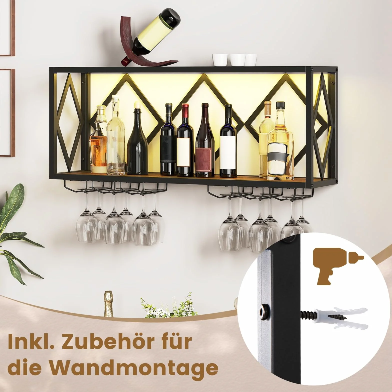 COSTWAY Regał na wino ścienny z oświetleniem LED, 2-poziomowy regał na butelki drewniany z metalowym rama, z 6 rzędami uchwytów na kieliszki do wina, design industrialny, idealny do domu, baru, kuchni