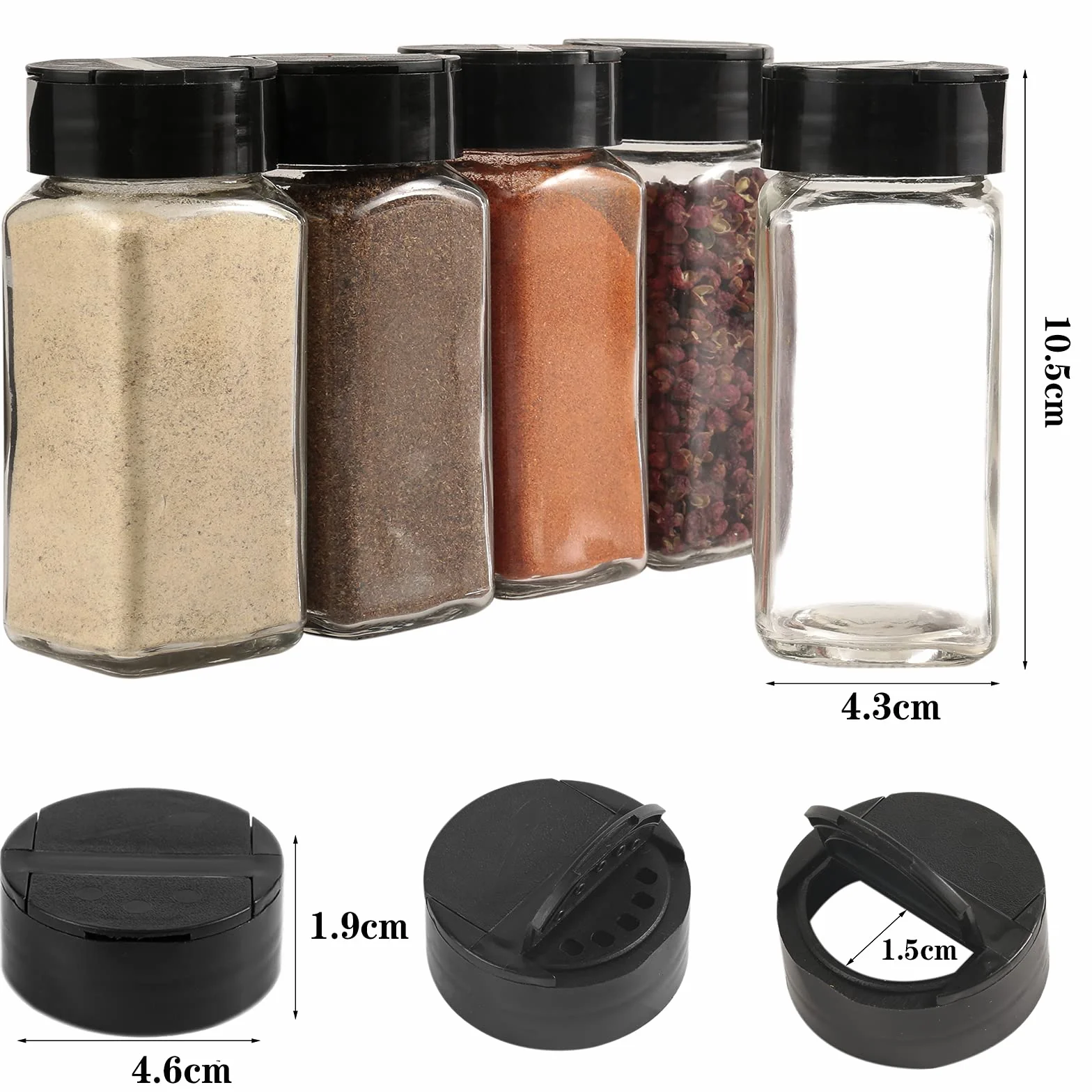 Pojah Zestaw 24 szklanych pojemników na przyprawy, kwadratowe, z czarną pokrywką, lejkiem, szczotką, etykietami i pisakiem kredowym, 120 ml, 10,5 x 4,3 cm