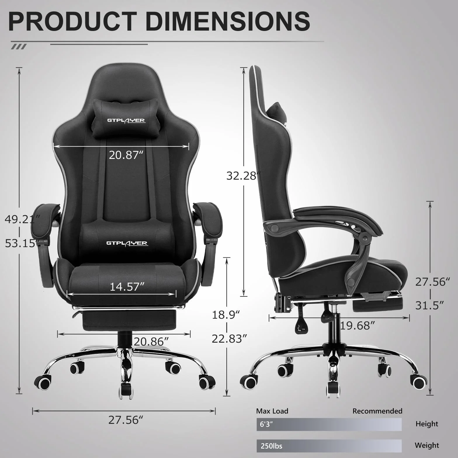 GTPLAYER Fotel gamingowy, ergonomiczny fotel komputerowy z podnóżkiem i podparciem lędźwiowym, regulacja wysokości, z siedziskiem obrotowym o 360° i zagłówkiem, do biura