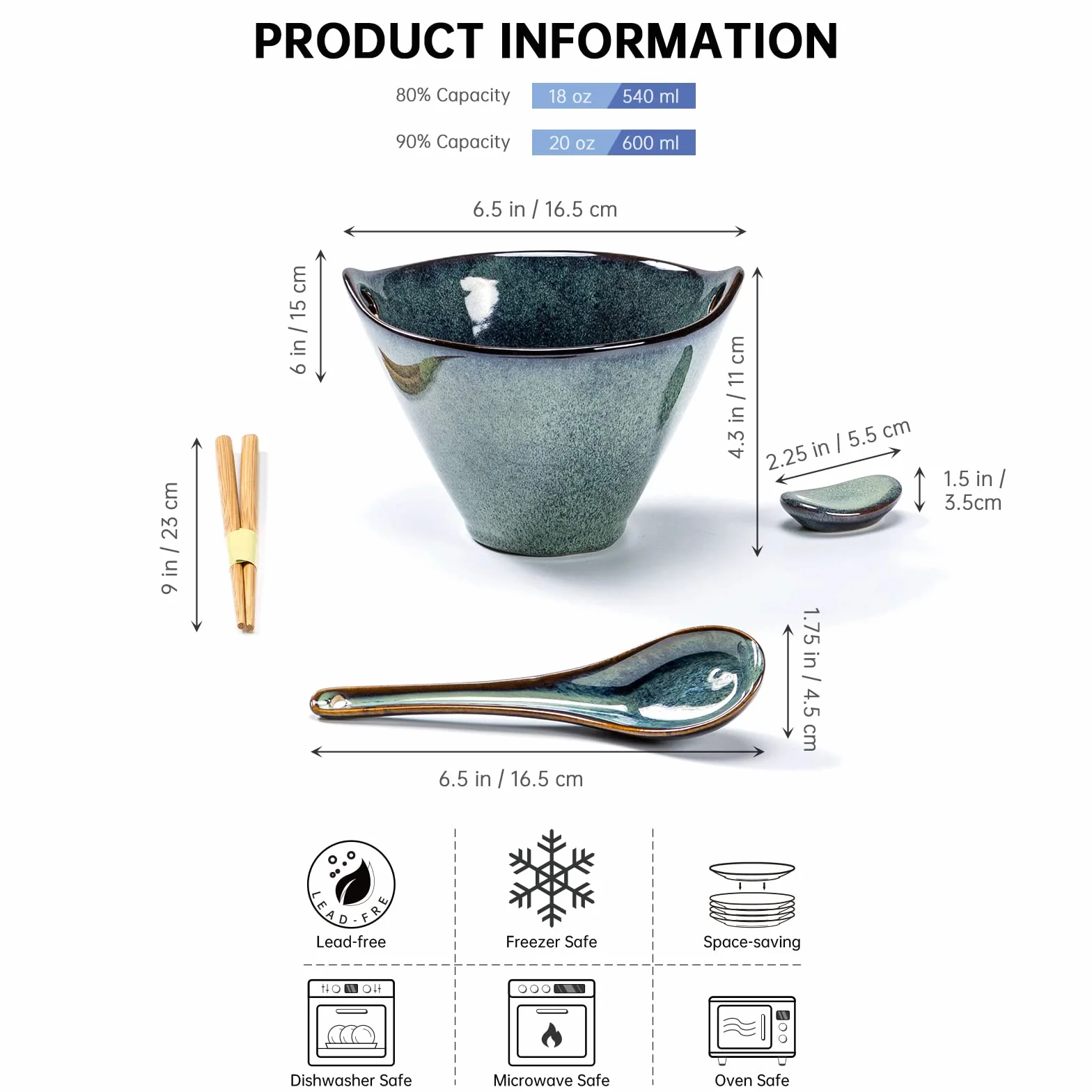 Ramen miska na zupę, zestaw misek na zupę wraz z pałeczkami i łyżeczkami, zielony zestaw ceramiczny dla 2 osób na zupę, ramen i miskę do sushi – 600 ml