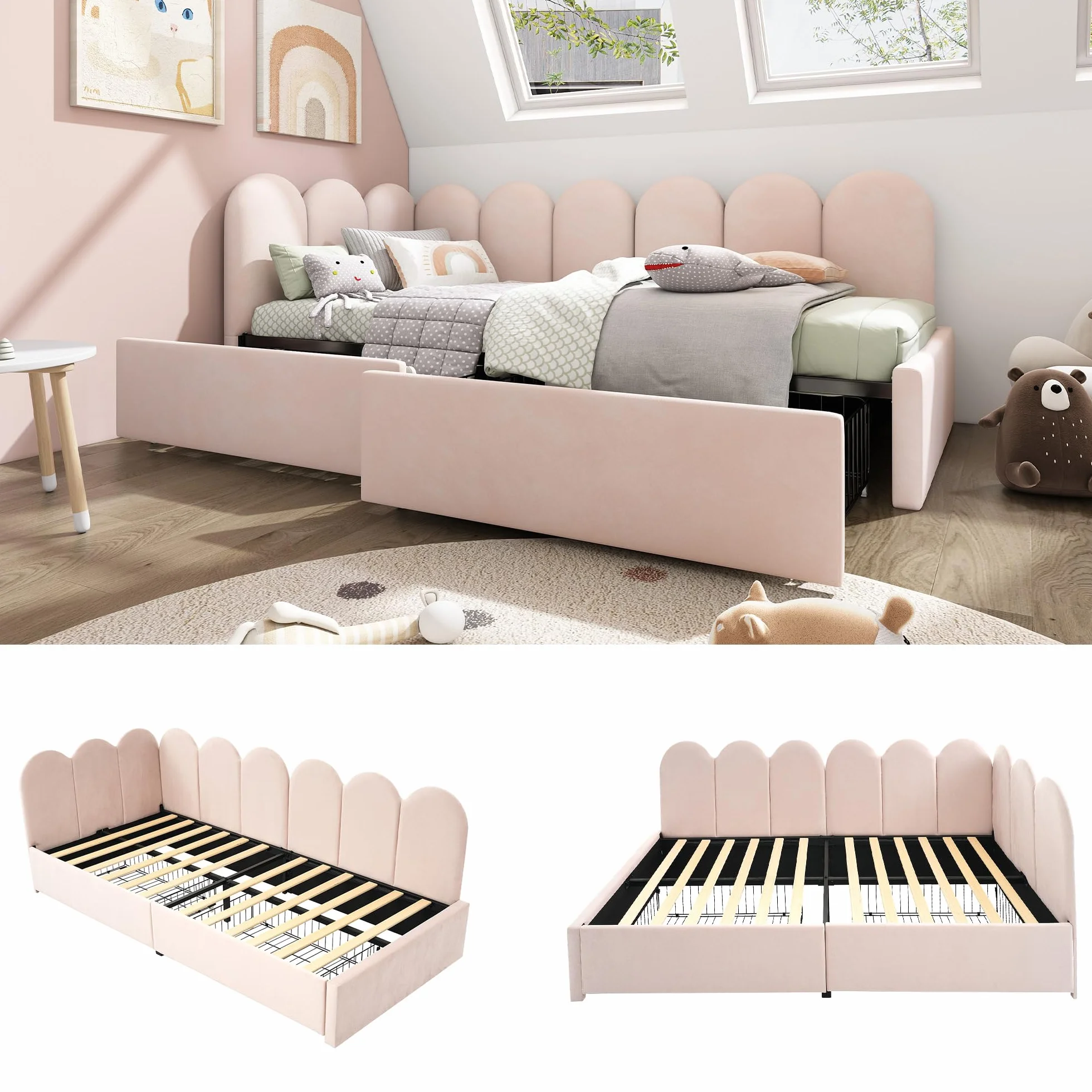 Dolamaní cm mała sofa z funkcją spania, 90 x 200 cm, łóżko dzienne dla 1 osoby, łóżko różowe dla młodzieży i dziewcząt, łóżko tapicerowane, aksamitne z 2 szufladami do przechowywania, łóżko