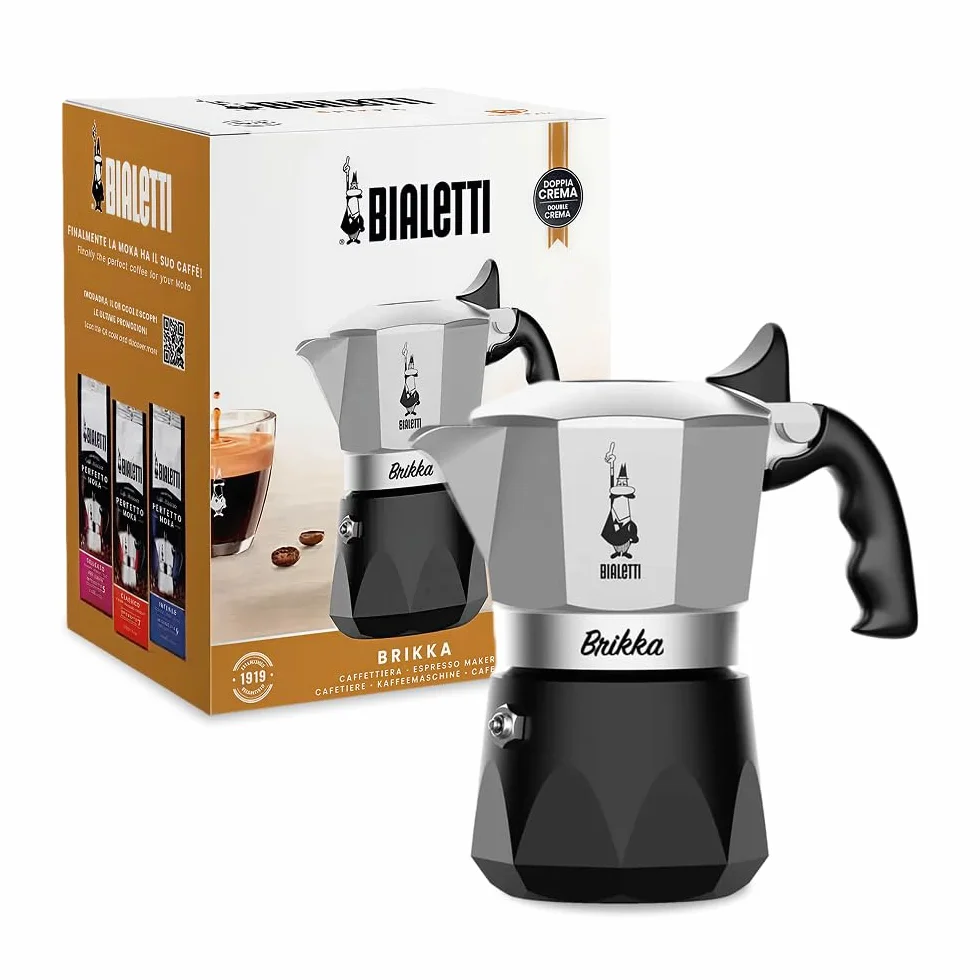 Bialetti New Brikka 2023, słoik do mokki, jedyny ekspres do kawy, który może zrobić kremowe espresso, 2 filiżanki, aluminium i czarny