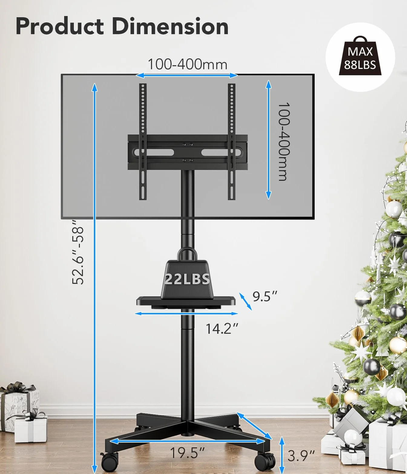 AX WABER Mobilny stojak na telewizor na kółkach, do 23-60-calowych telewizorów LCD LED z płaskim i zakrzywionym ekranem, wózek na telewizor mieści do 40 kg, przenośny stojak z półką na laptopa