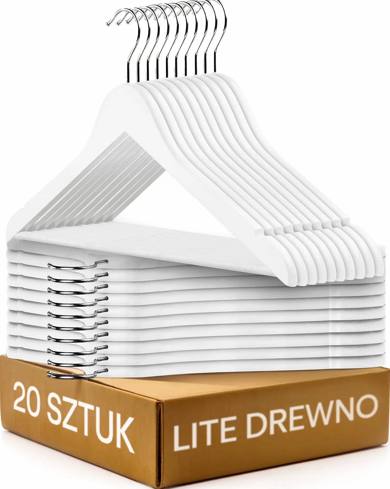 Praknu Drewniane Wieszaki na Ubrania Białe - Zestaw 20 Sztuk - Wieszaki z Drewna FSC® - 360° Obrotowych Haczyków - Z Nacięcia