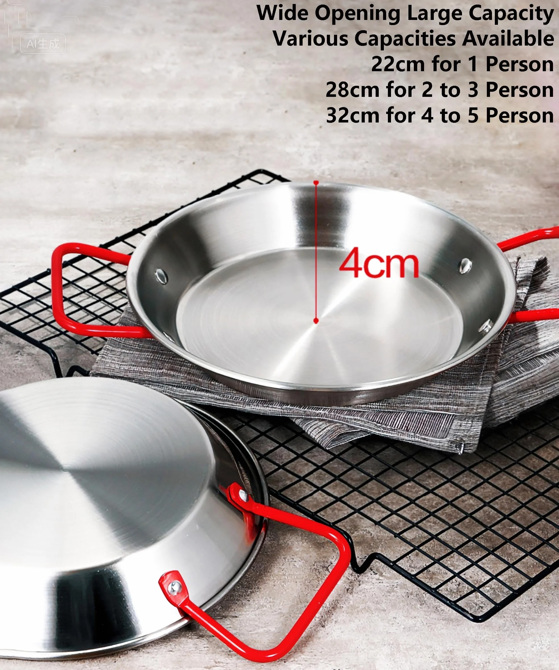 Patelnia do paelli ze stali nierdzewnej z czerwonymi uchwytami (28 cm for 2-3 person)