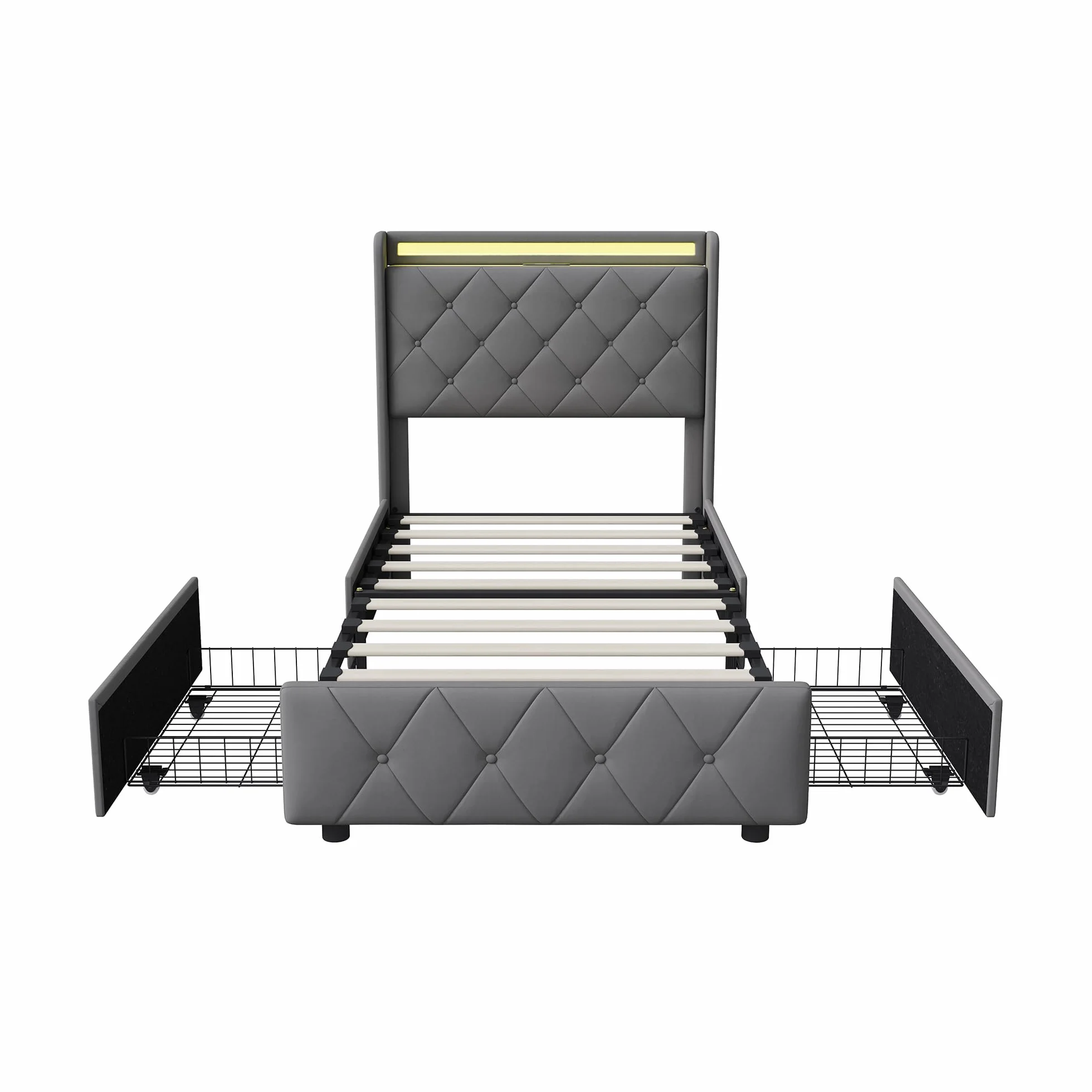 Łóżko tapicerowane 90 x 200 cm z diodami LED i funkcją ładowania USB, łóżko młodzieżowe z 4 szufladami do przechowywania, pojedyncze łóżko ze stelażem i miejscem do przechowywania, bez
