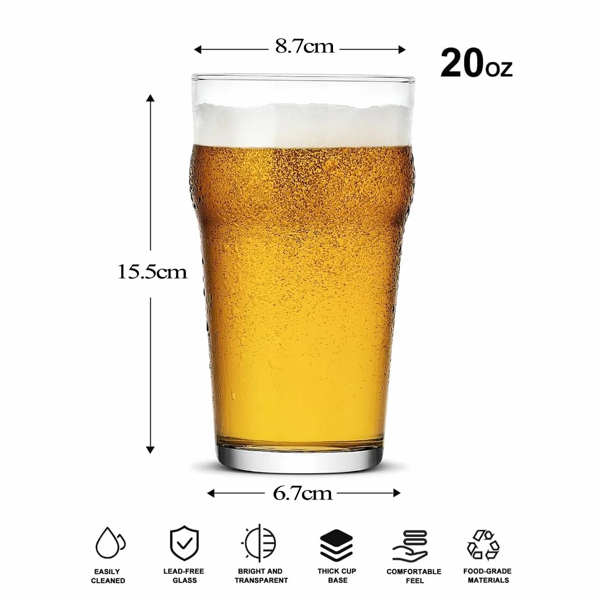 Zestaw 6 szklanek do piwa, wysokie szklanki do picia, 590 ml, szklane kubki Margarita, podstawowe szklanki barowe, design w stylu pubowym, do kieliszków barowych, wina, soku, mrożonej herbaty