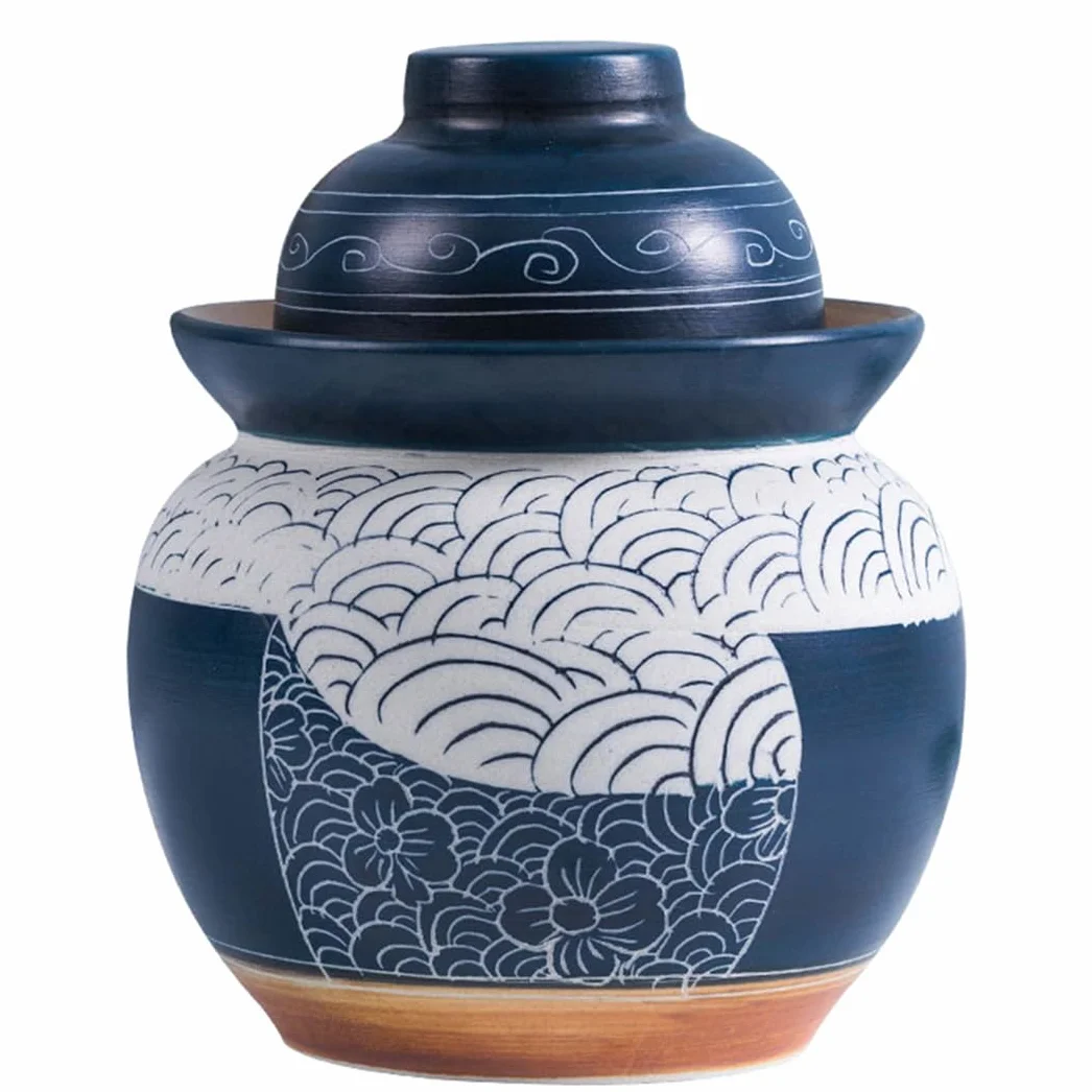 Duży ceramiczny słoik na marynaty z pokrywkami, niebieski tradycyjny porcelanowy słoik do marynowania, ceramiczny garnek fermentacyjny z uszczelką wodną pokrywką śluzy powietrznej, garnek z
