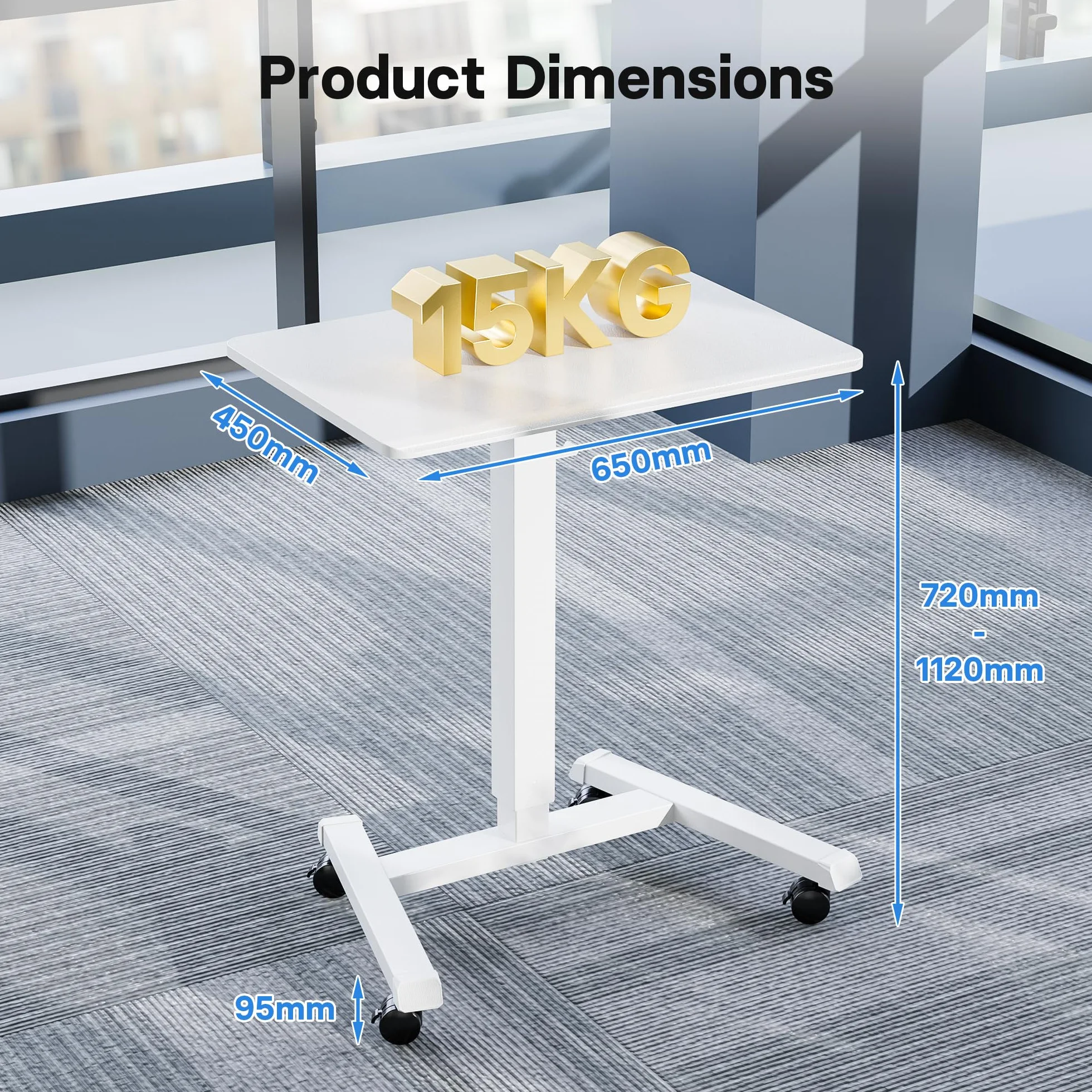 BONTEC 65x45cm Ruchome Biurko Stojące z 4 Kółkami – Regulowane Biurko z Wysokością 72-112 cm, Mobilna Stacja Robocza, Idealne do Salonu, Sypialni i Biura, Maksymalne Obciążenie 15KG, Białe