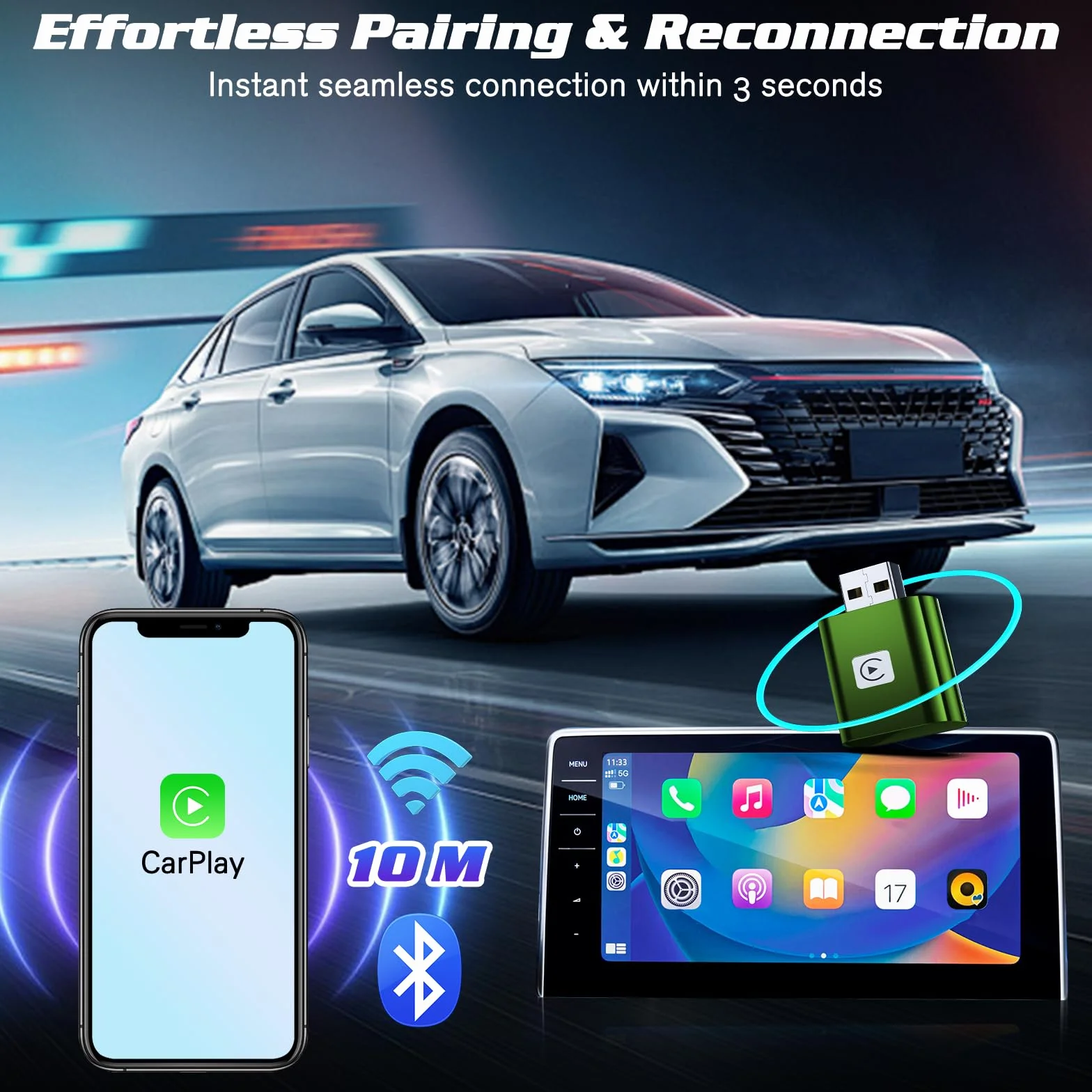 Mini Wireless Carplay Adapter UK for iPhone, 2025 Stable Universal Wireless carplay Adapter, Fast Convert Factory Wired to Wireless CarPlay Dongle Cars for Apple for iOS (NOT for Android)