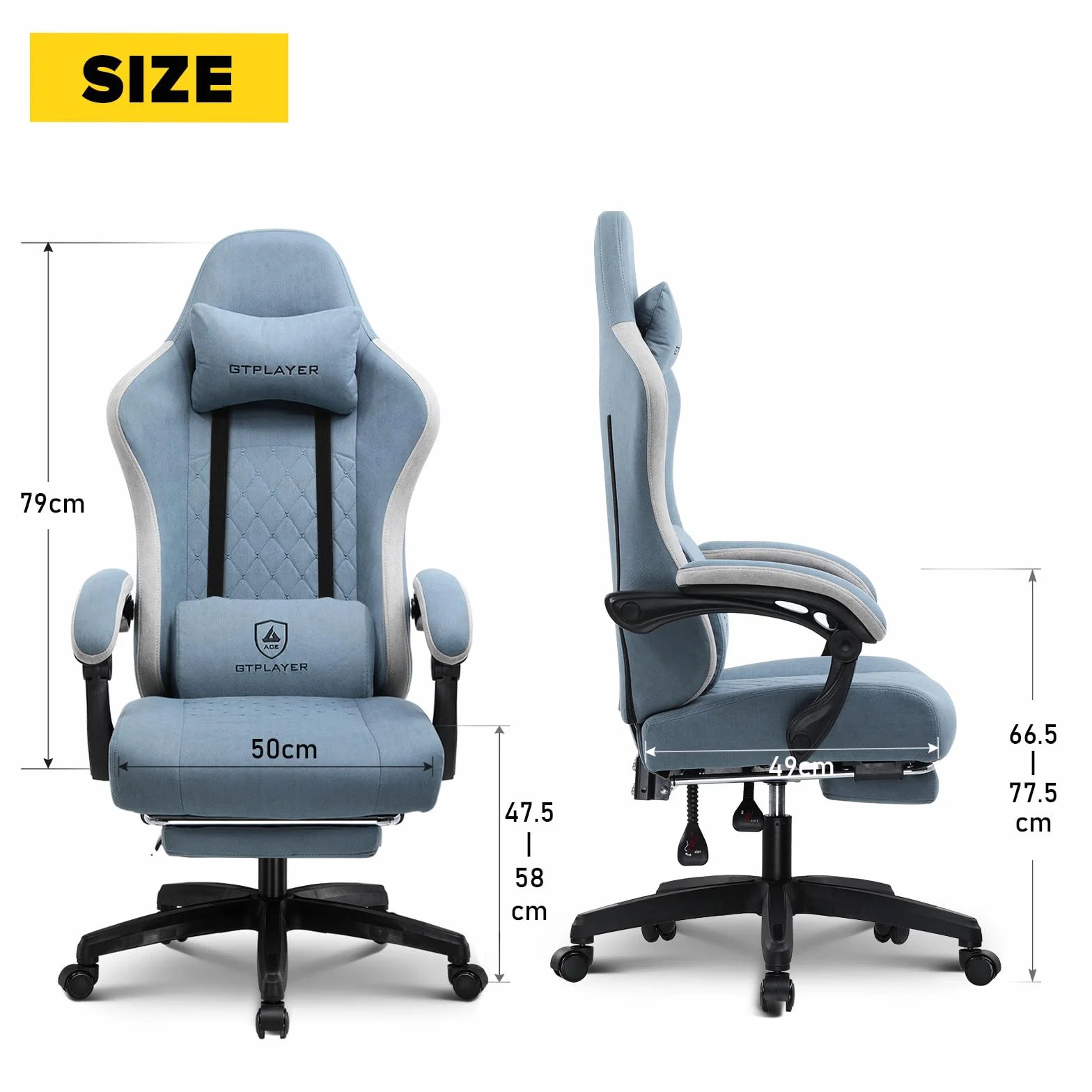 GTPLAYER Ergonomiczne krzesło do gier biurowych Fotel gamingowy, odchylany podłokietnik, z podnóżkiem Tkanina technologiczna Jasnoniebieski