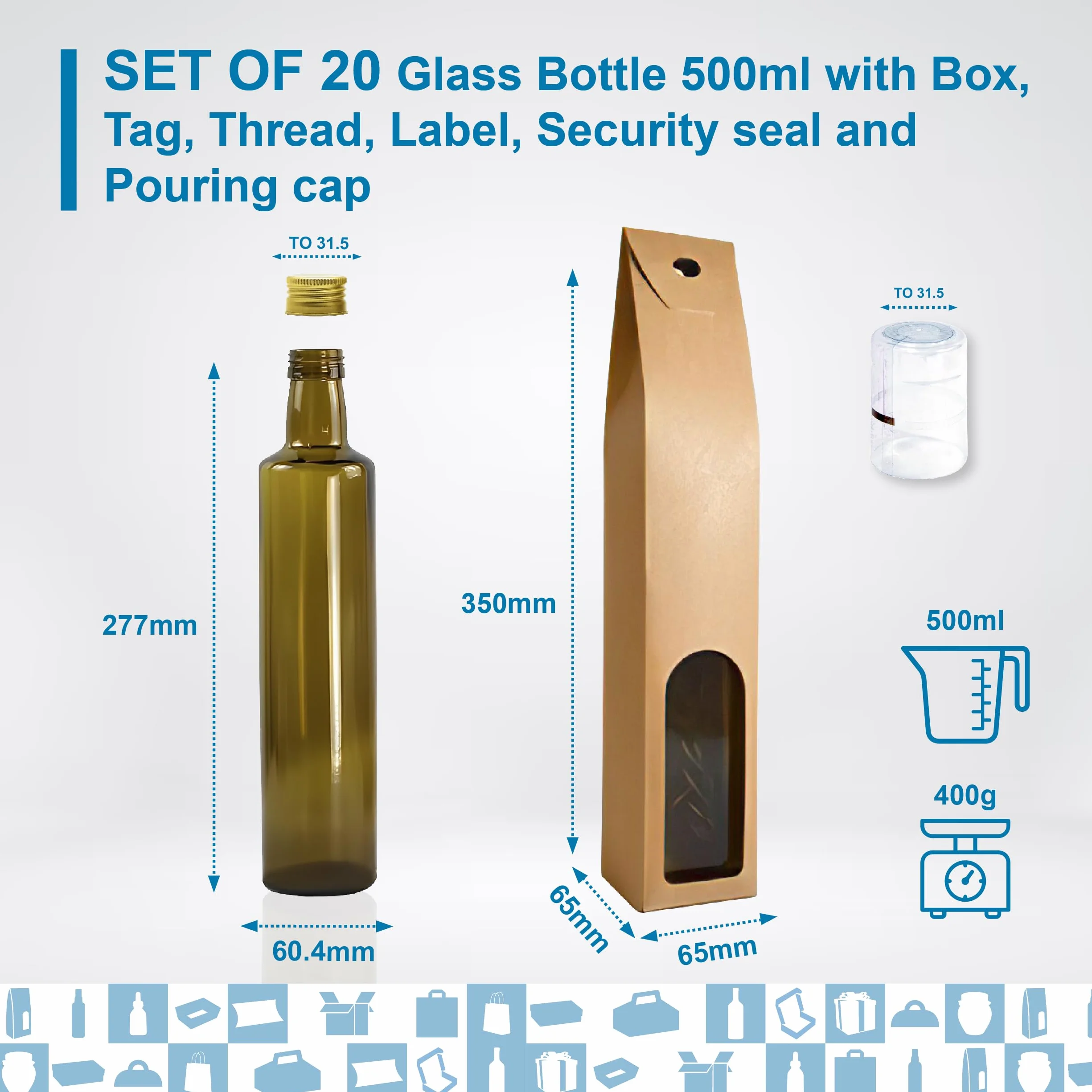 20 butelek z ciemnego szkła 500 ml ze złotą nakrętką z wylewką + 20 puszek + 20 uszczelek + 20 niestandardowych etykiet + 20 etykiet kraft + sznurek - oliwa z oliwek - olej