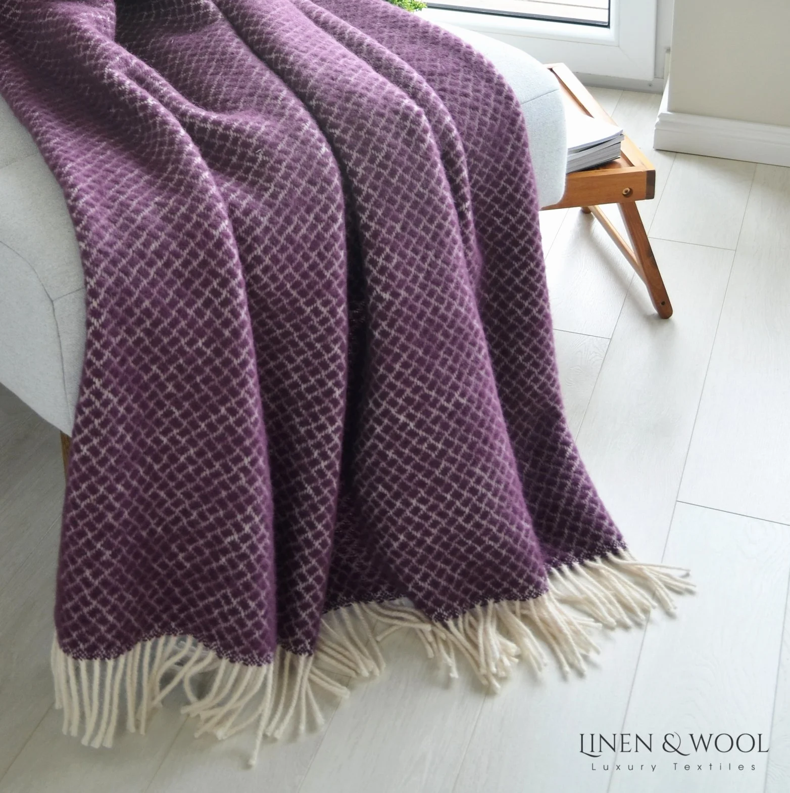 Linen & Cotton Wełniany Koc Sofia 100% Czysta Nowozelandzka Wełna Fioletowy 130x170cm Pled na Kolana