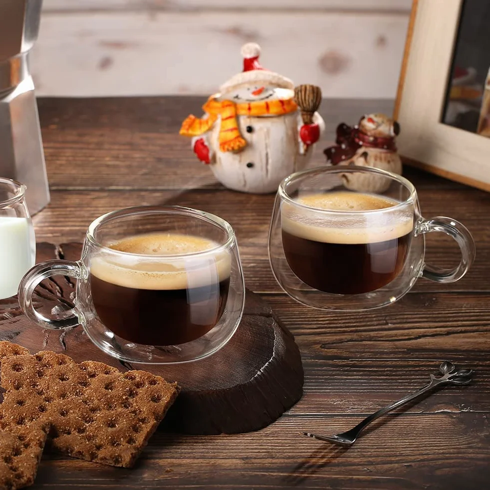 glastal Filiżanki do espresso, dwuścienne szklanki do espresso, zestaw 2 sztuk, 120 ml, szkło borokrzemowe, filiżanki do kawy, szklanki do herbaty, zestaw z uchem, do macchiato, latte, herbaty, lodu, mleka