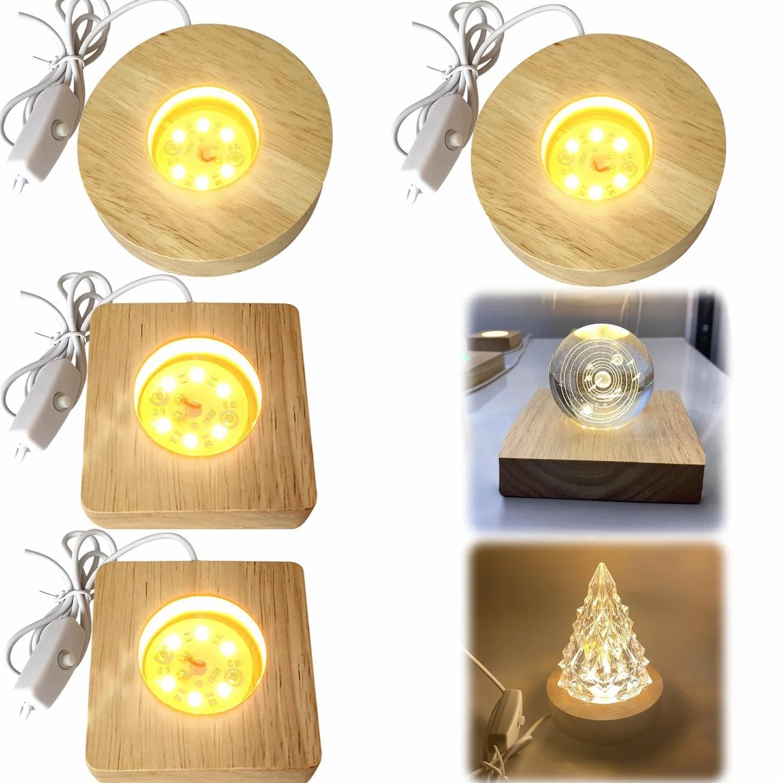 Drewniana podstawa świetlna LED, 4 sztuki, USB LED, do szkła akrylowego, ciepła barwa LED, podstawa do oświetlenia kryształowego, akrylowego, biżuterii, żywicy (kwadrat)